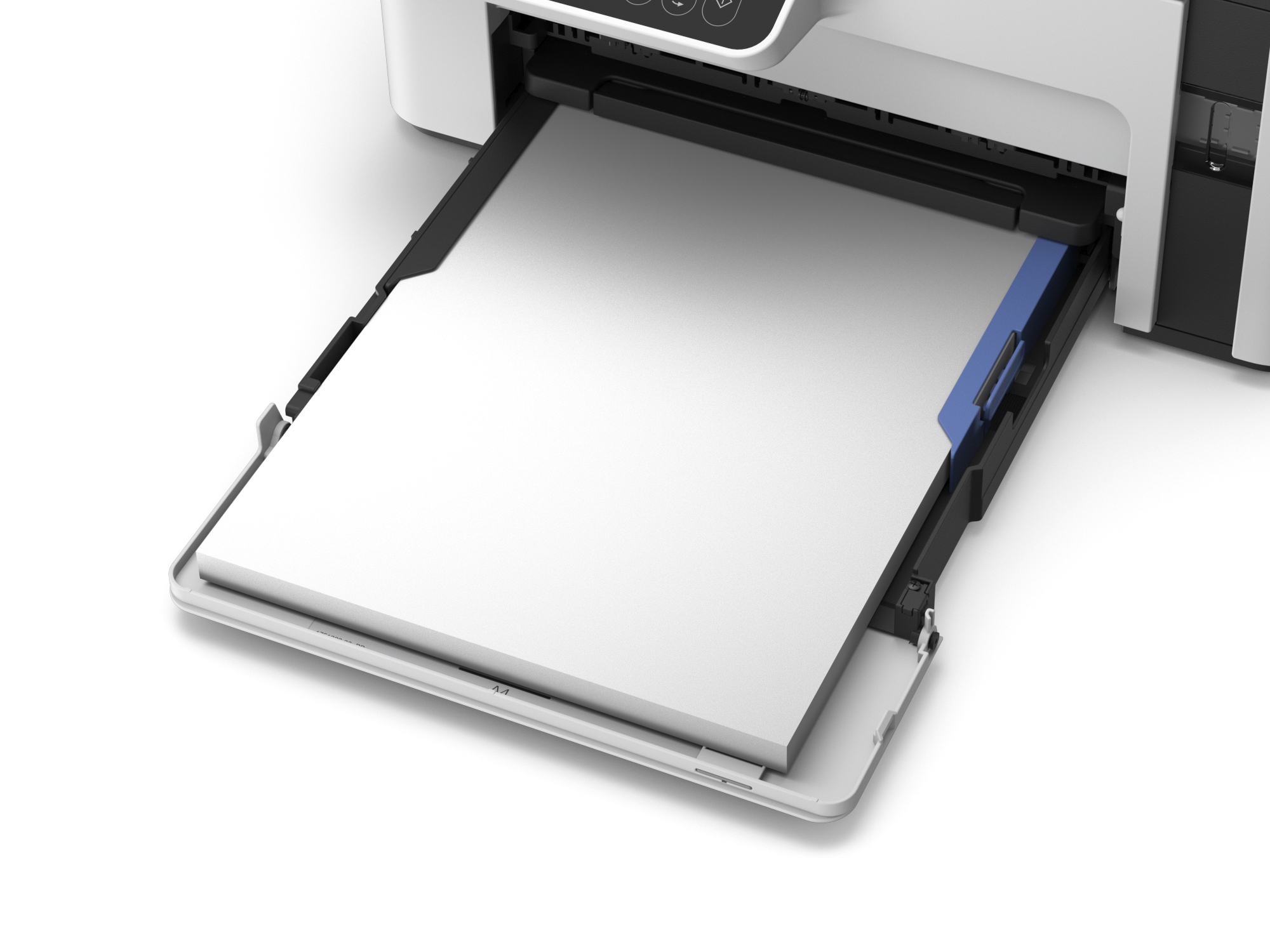 Ein weißer Drucker mit ausgefahrener Papierkassette, beladen mit weißem Papier.