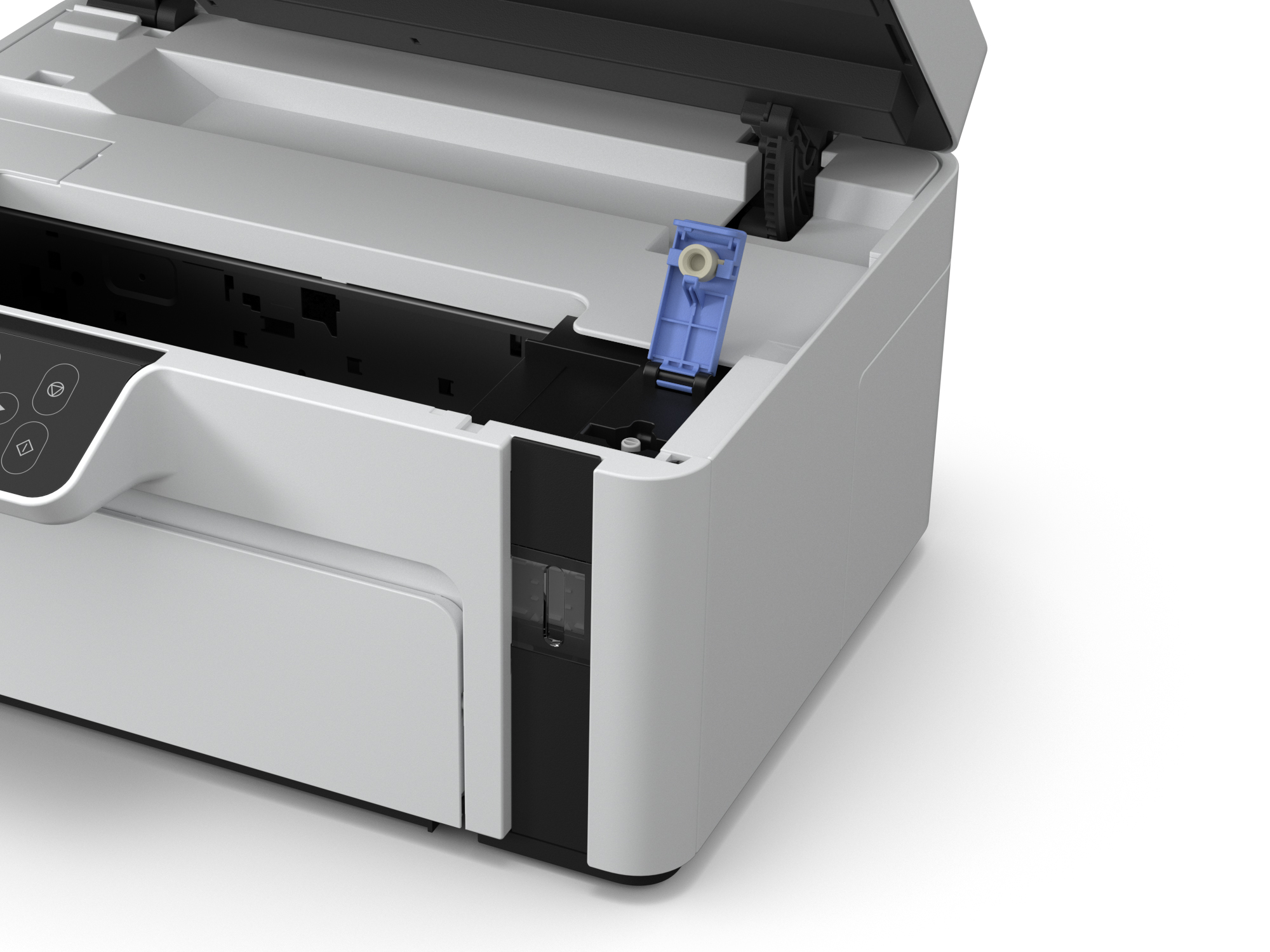 Ein offener weißer Drucker mit offenem Deckel und einem blauen Hebel im Inneren.