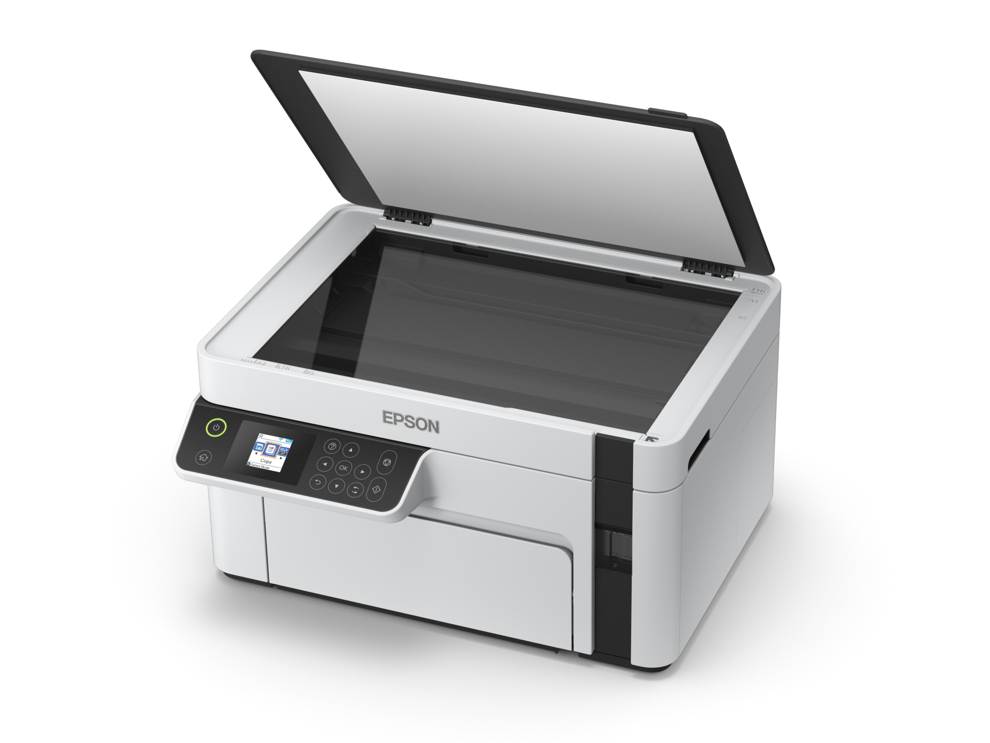Ein weißer Epson Drucker mit geöffnetem Scannerdeckel auf weißem Hintergrund.