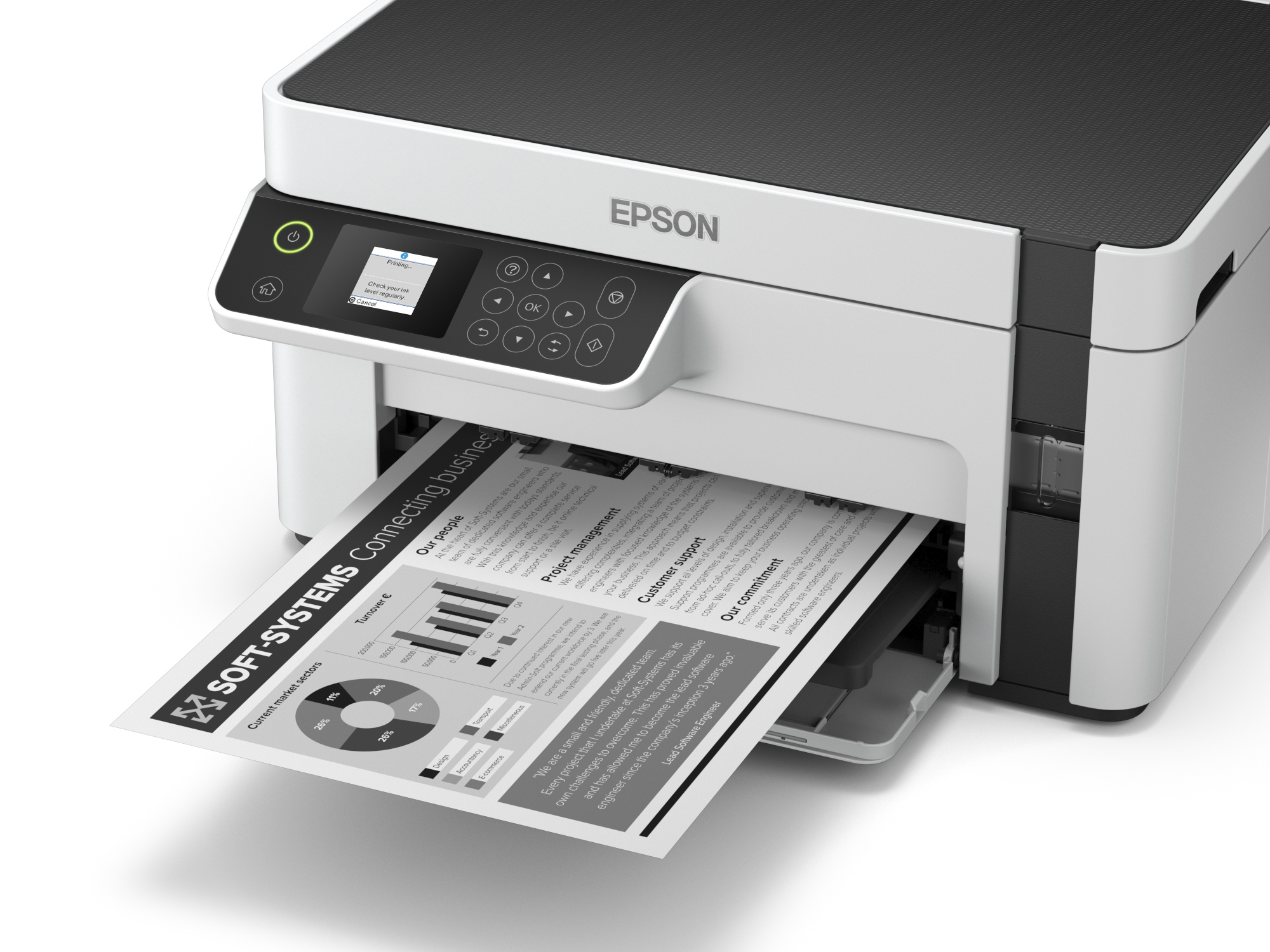 Ein Epson-Drucker druckt ein Dokument mit Diagrammen und Text.