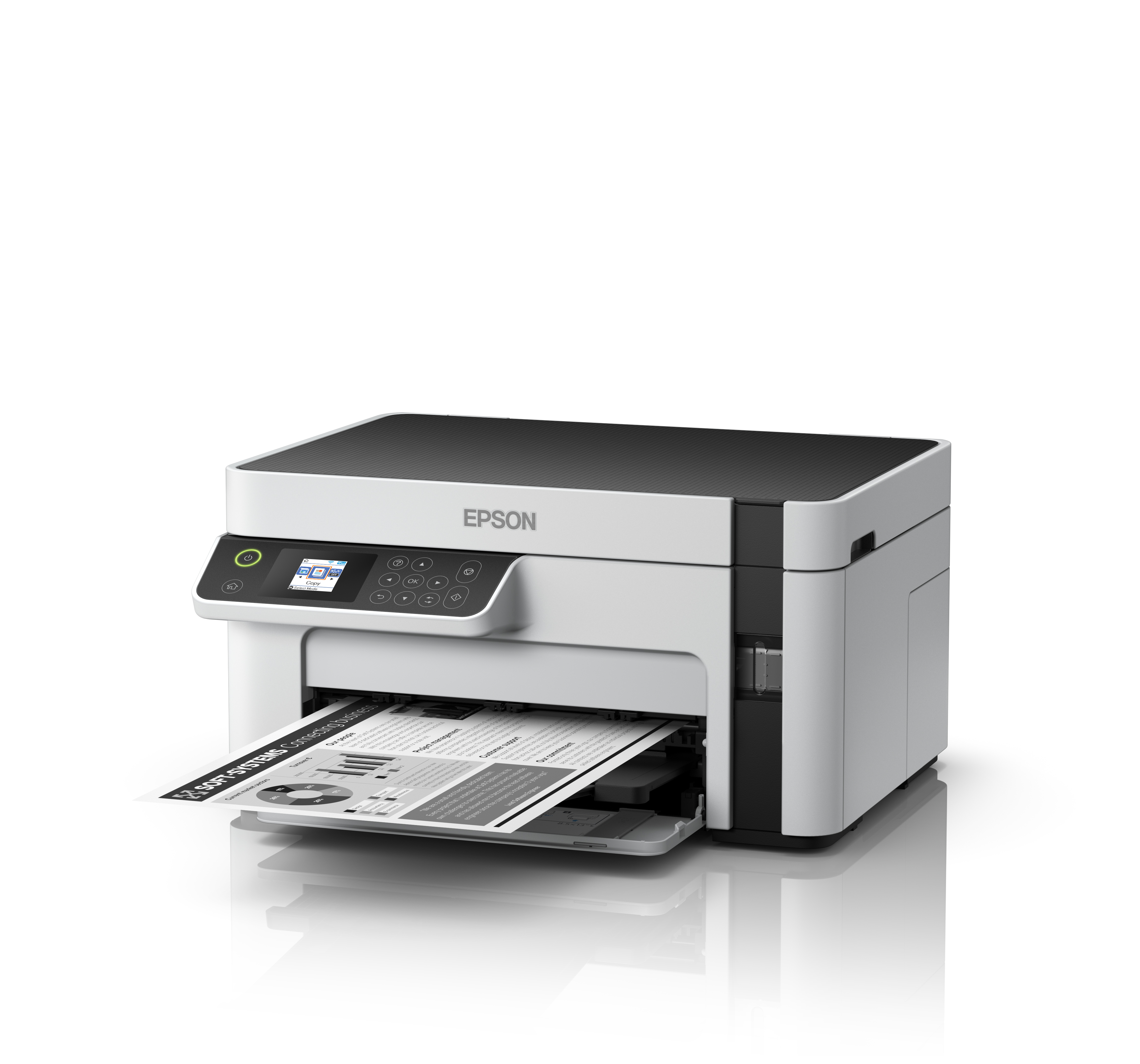 Ein weißer Epson Drucker druckt ein Dokument mit Diagrammen.