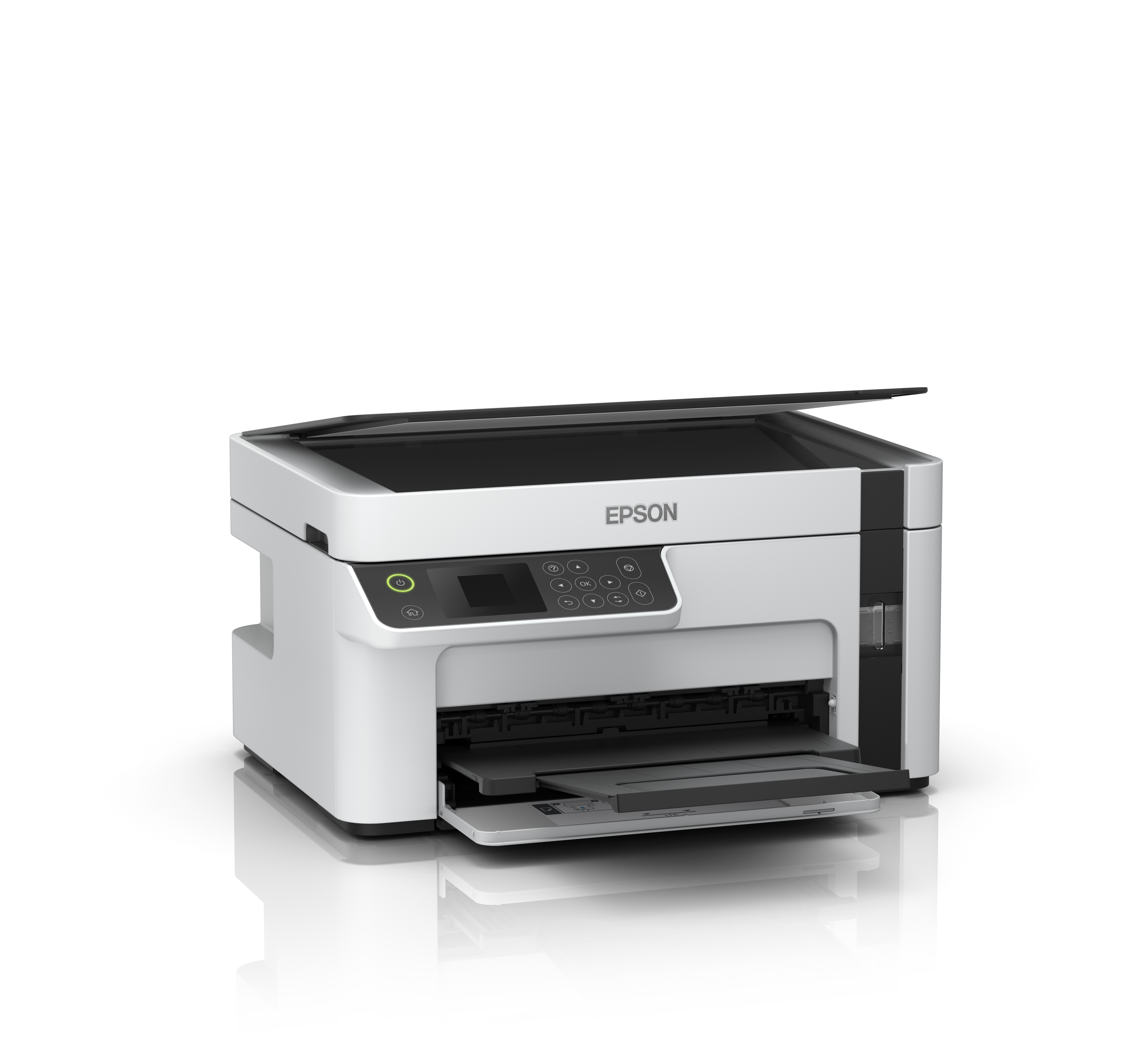 Ein weißer Epson-Drucker mit geöffnetem Deckel und herausgezogenem Papierfach.