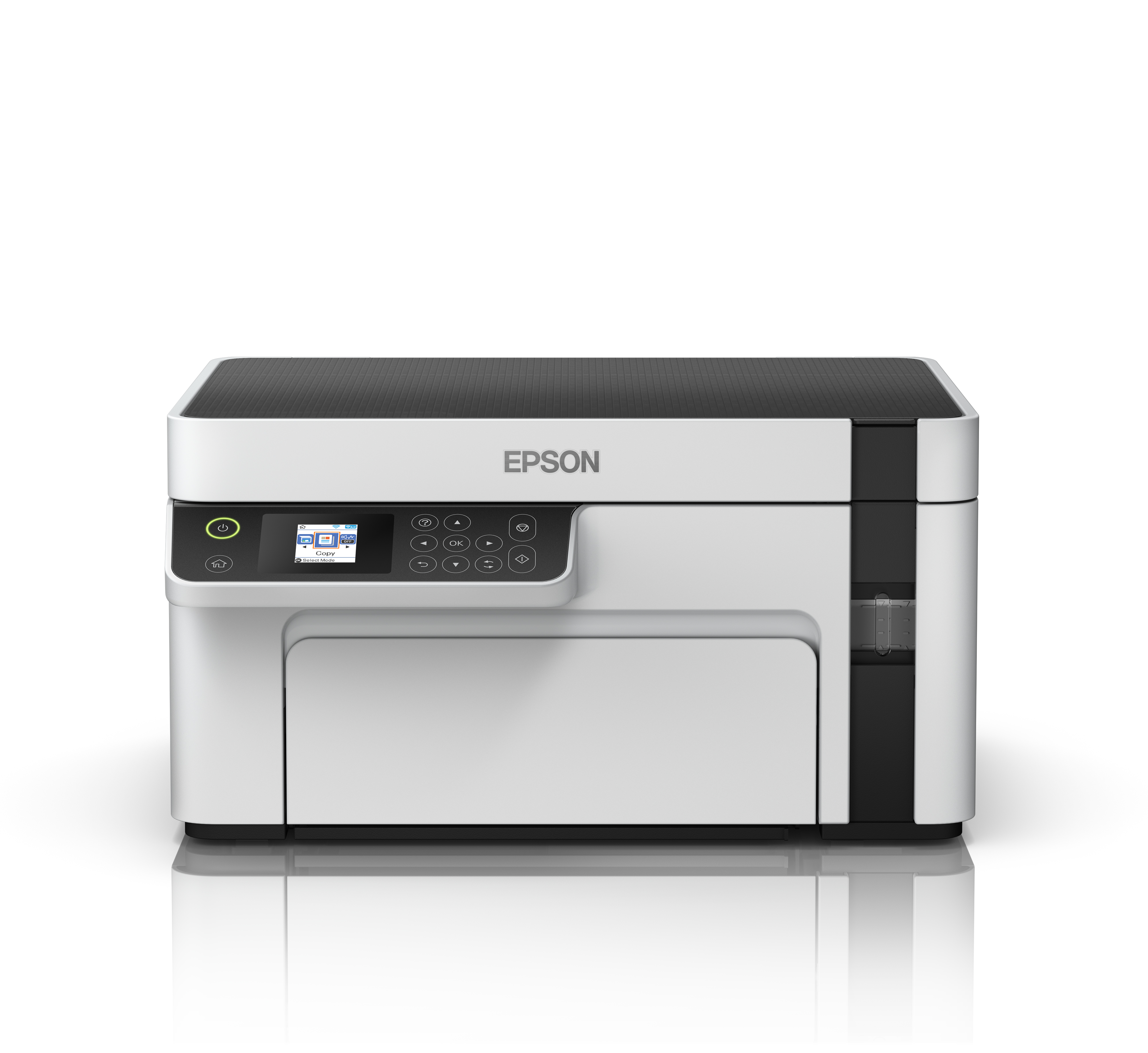 Ein weißer Epson Drucker mit schwarzem Bedienfeld und Bildschirm.