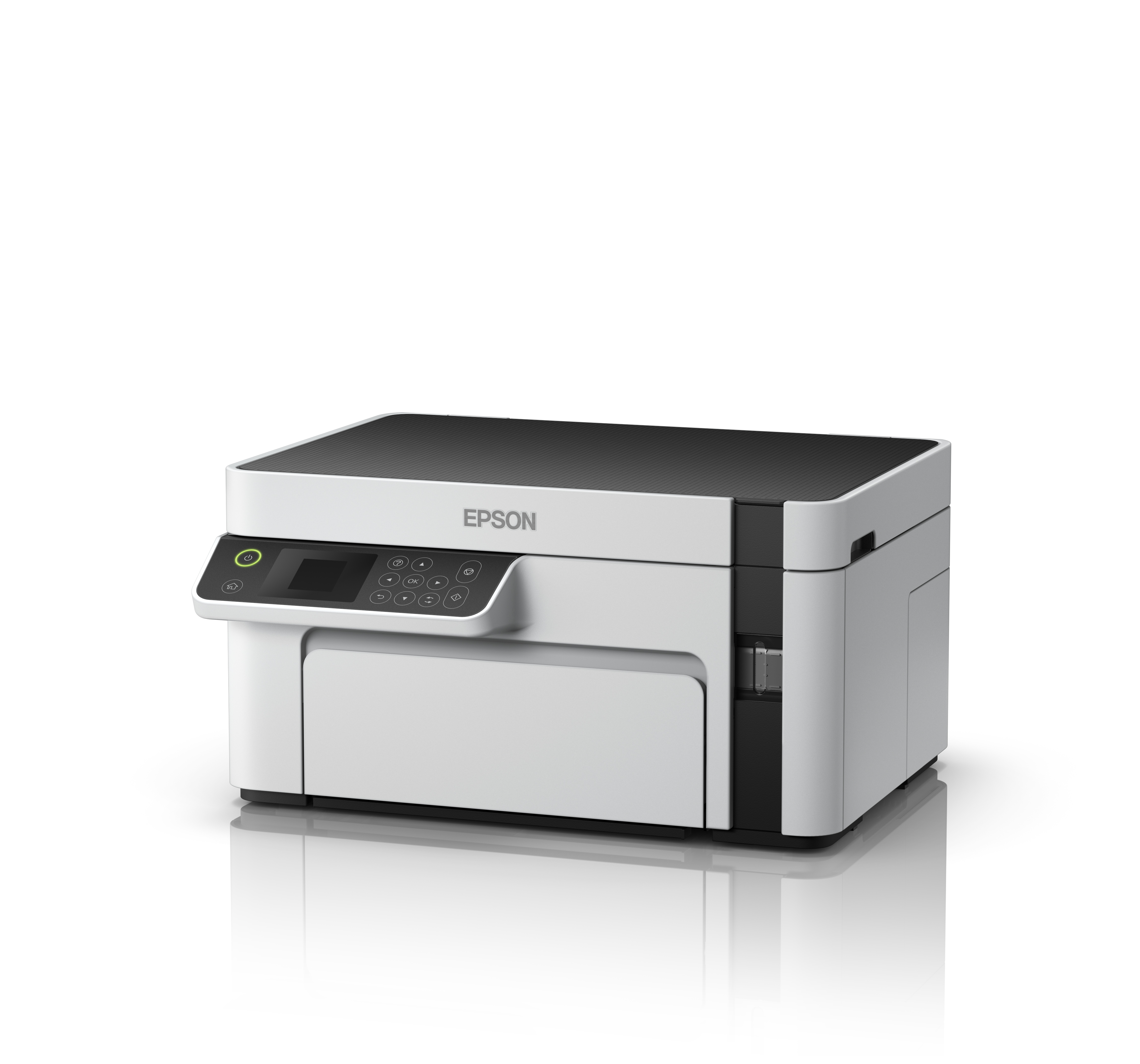 Ein weißer und schwarzer Epson Drucker steht auf einem weißen Hintergrund.