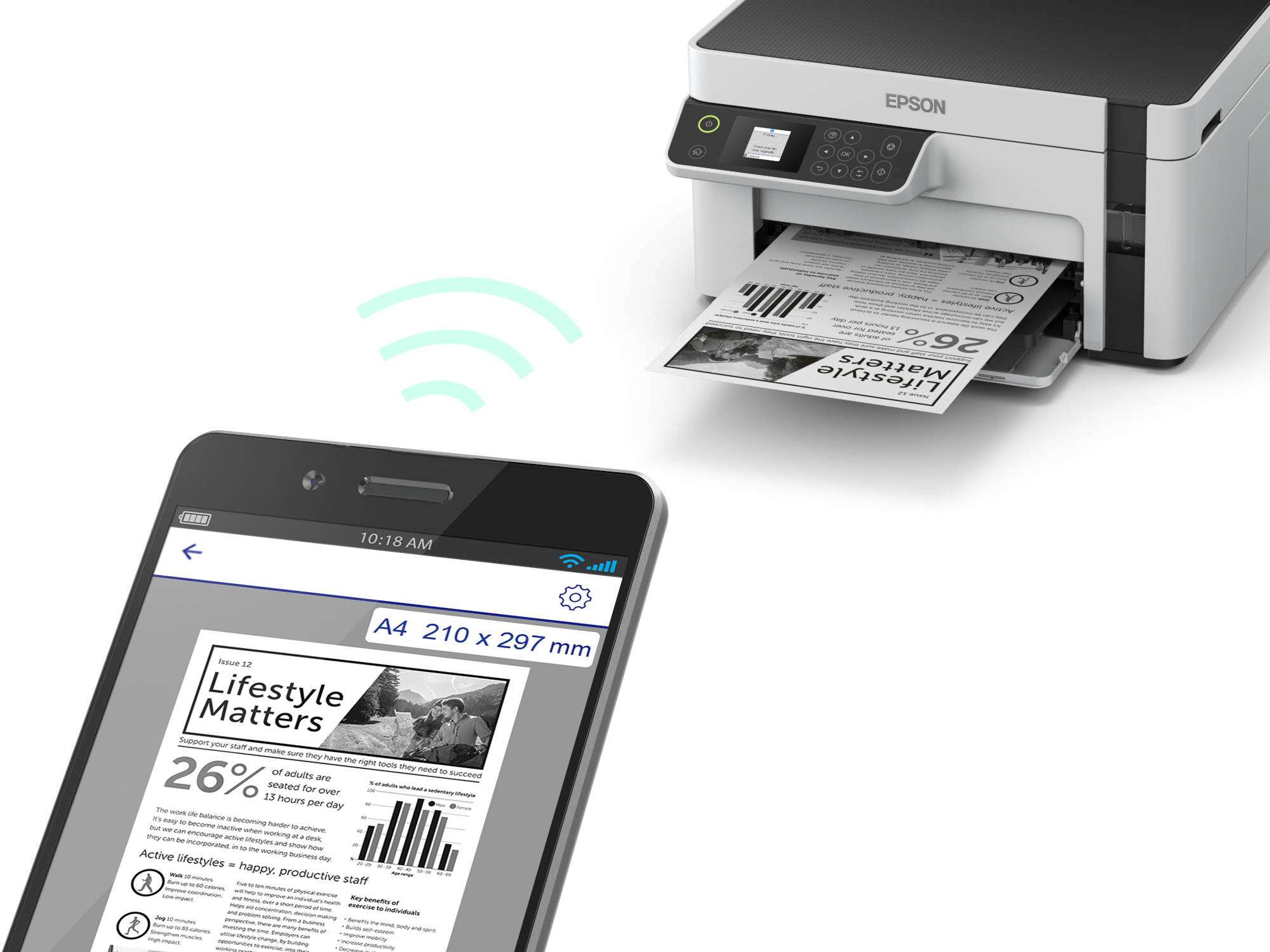 Ein Smartphone und ein Drucker sind verbunden. Ein Dokument wird gedruckt.