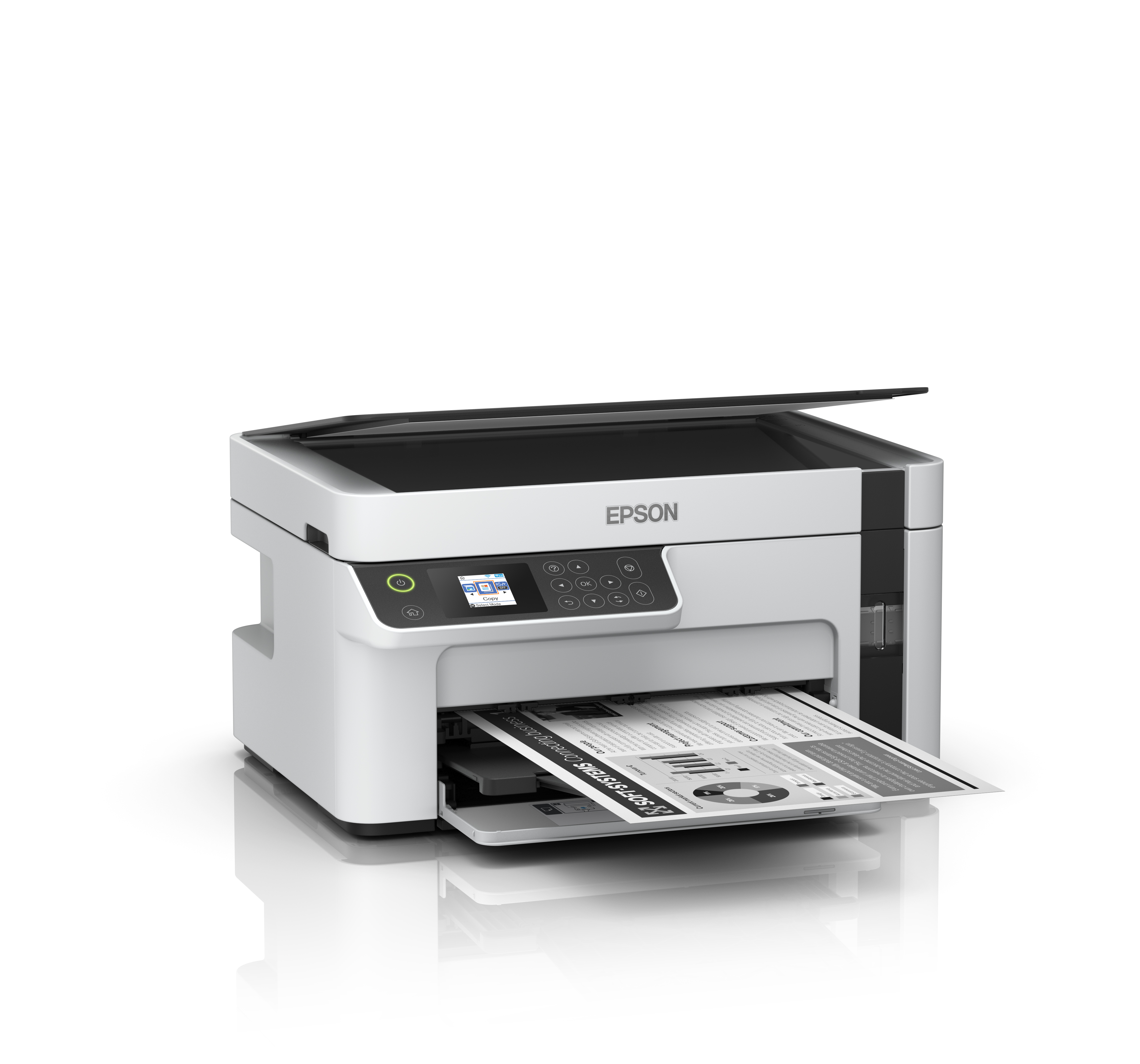 Ein weißer Epson Drucker druckt ein Dokument mit Diagrammen und Text.