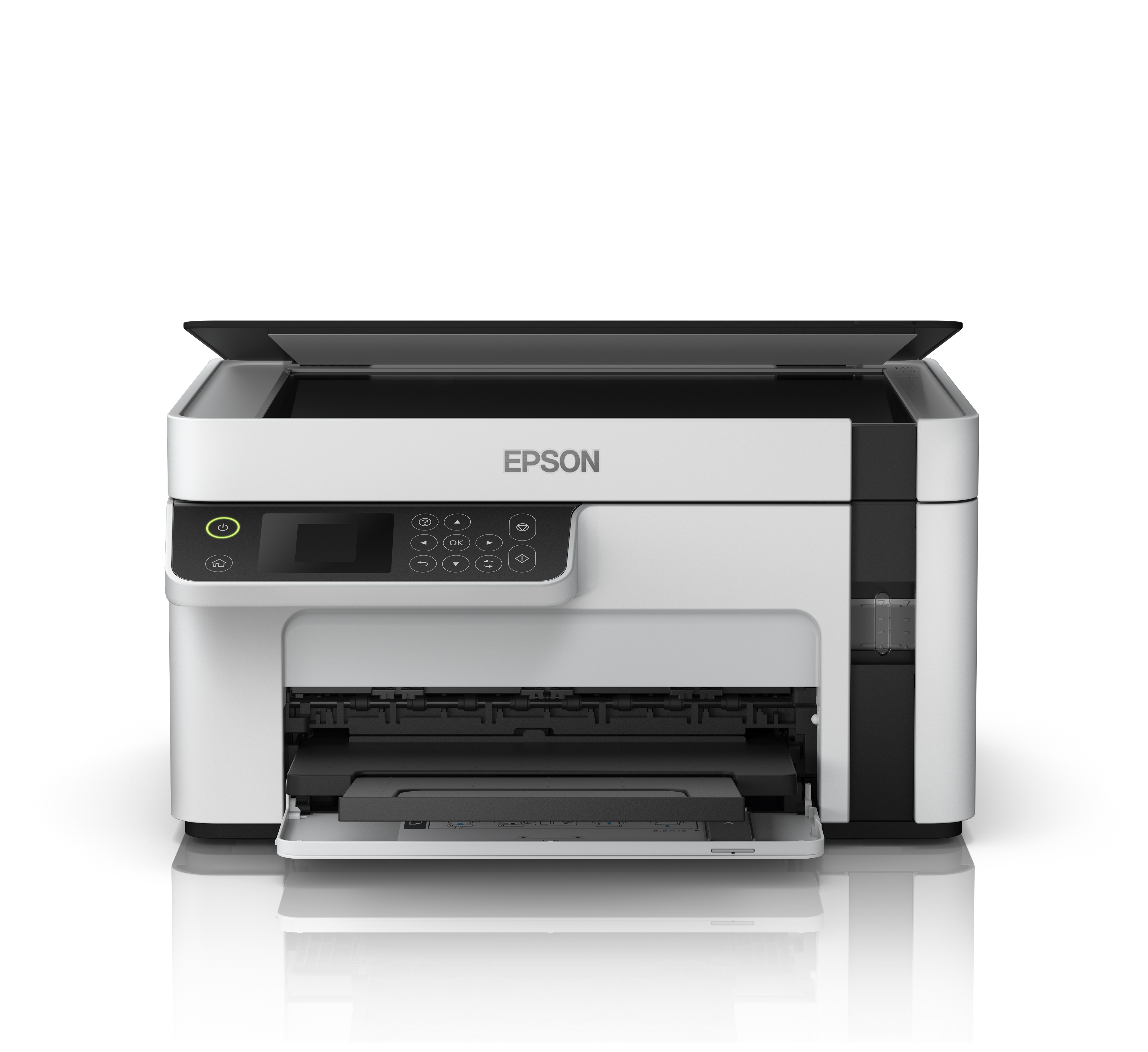 Ein weißer Epson-Drucker mit geöffnetem Deckel und ausgefahrener Papierablage.