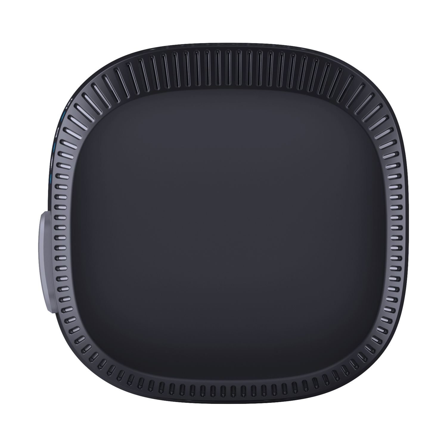 Dispositivo elettronico nero con fessure di ventilazione e un pulsante grigio.