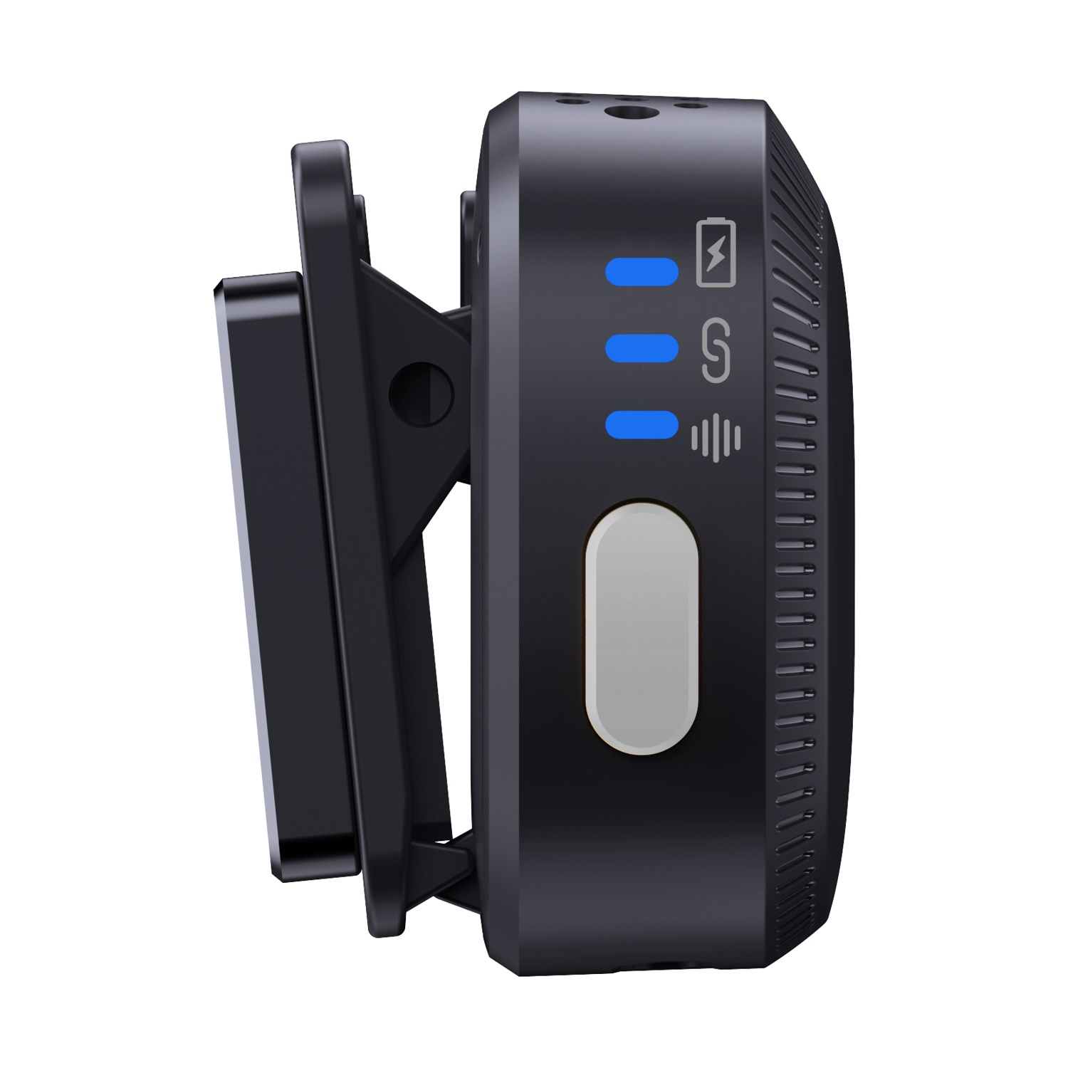 Dispositivo nero con clip, indicatore batteria e icona S.