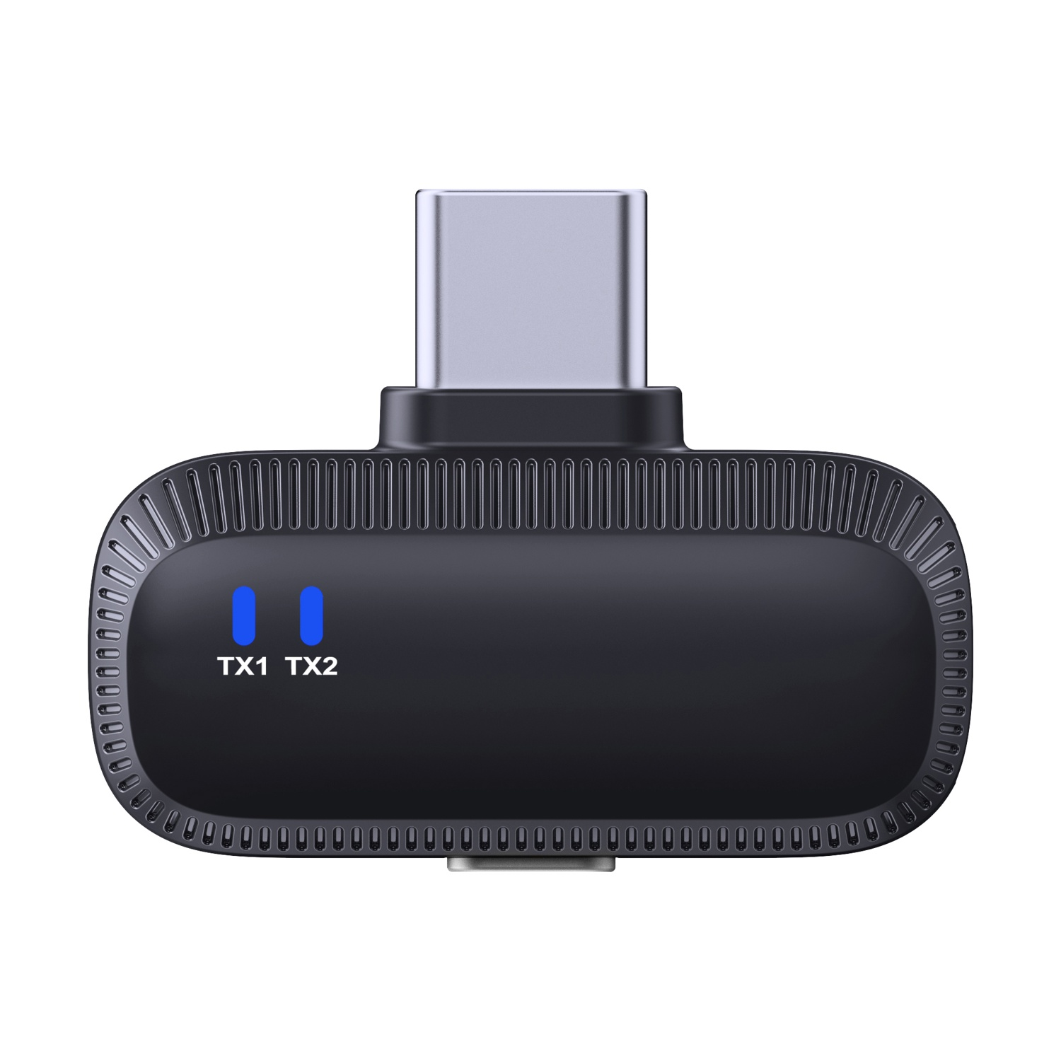 Trasmettitore nero con spina USB-C. Due LED blu etichettati TX1, TX2.
