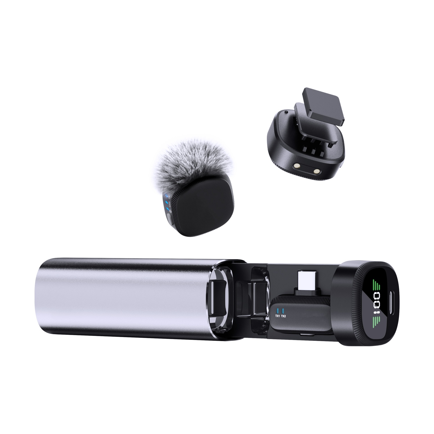 Sistema microfonico wireless con custodia di ricarica, microfono e accessori.