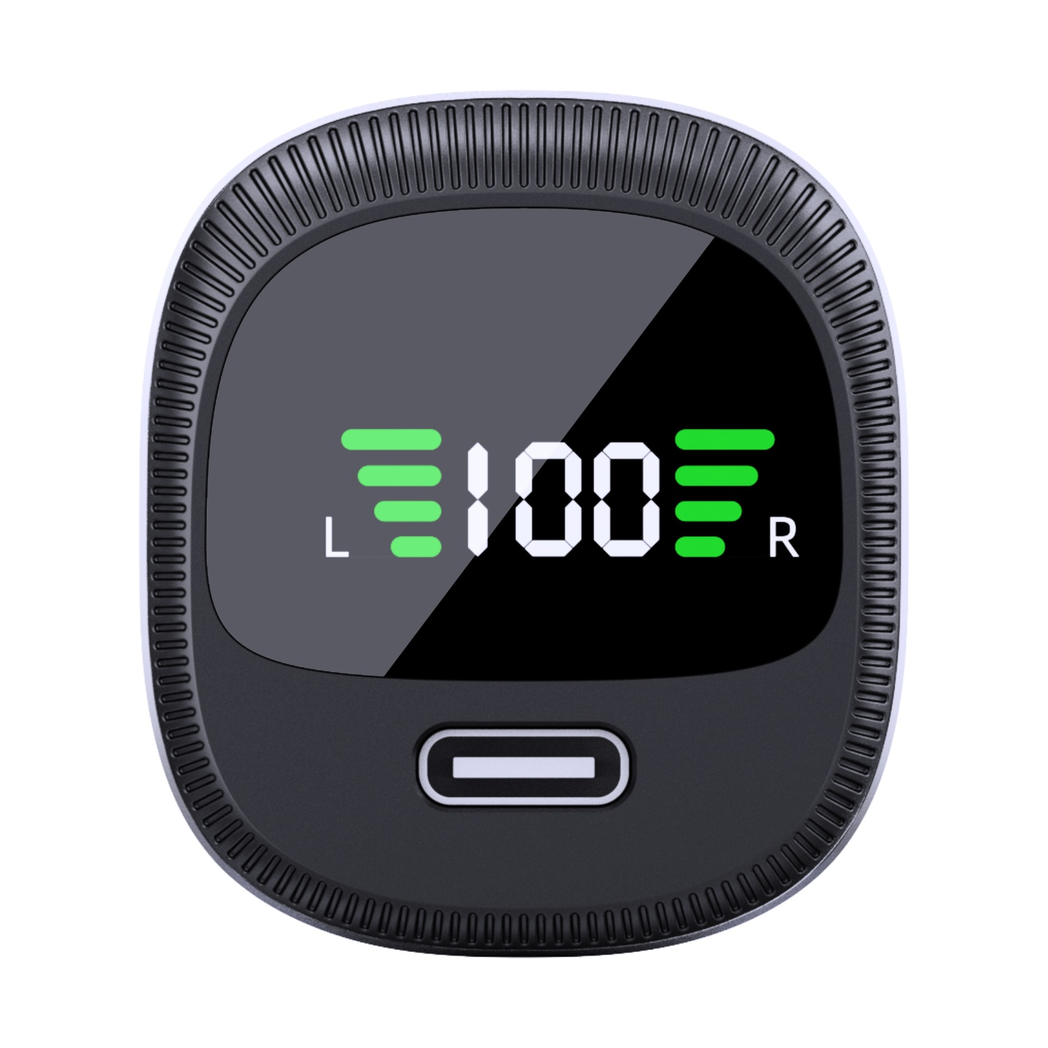 Una custodia nera con schermo che mostra L 100% R e una porta USB-C.