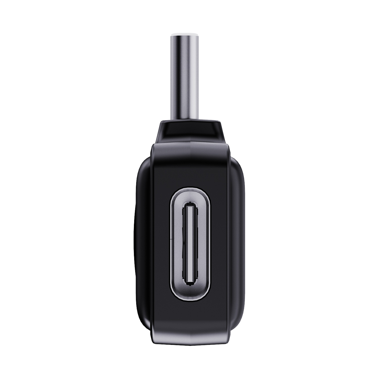 Un adattatore USB-C nero con spina argentata.