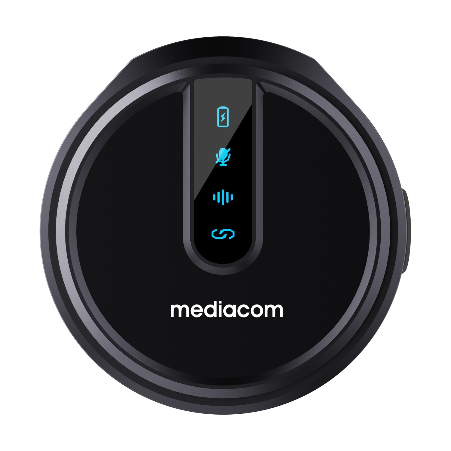 Altoparlante Mediacom nero con icone blu per batteria, microfono e Bluetooth.