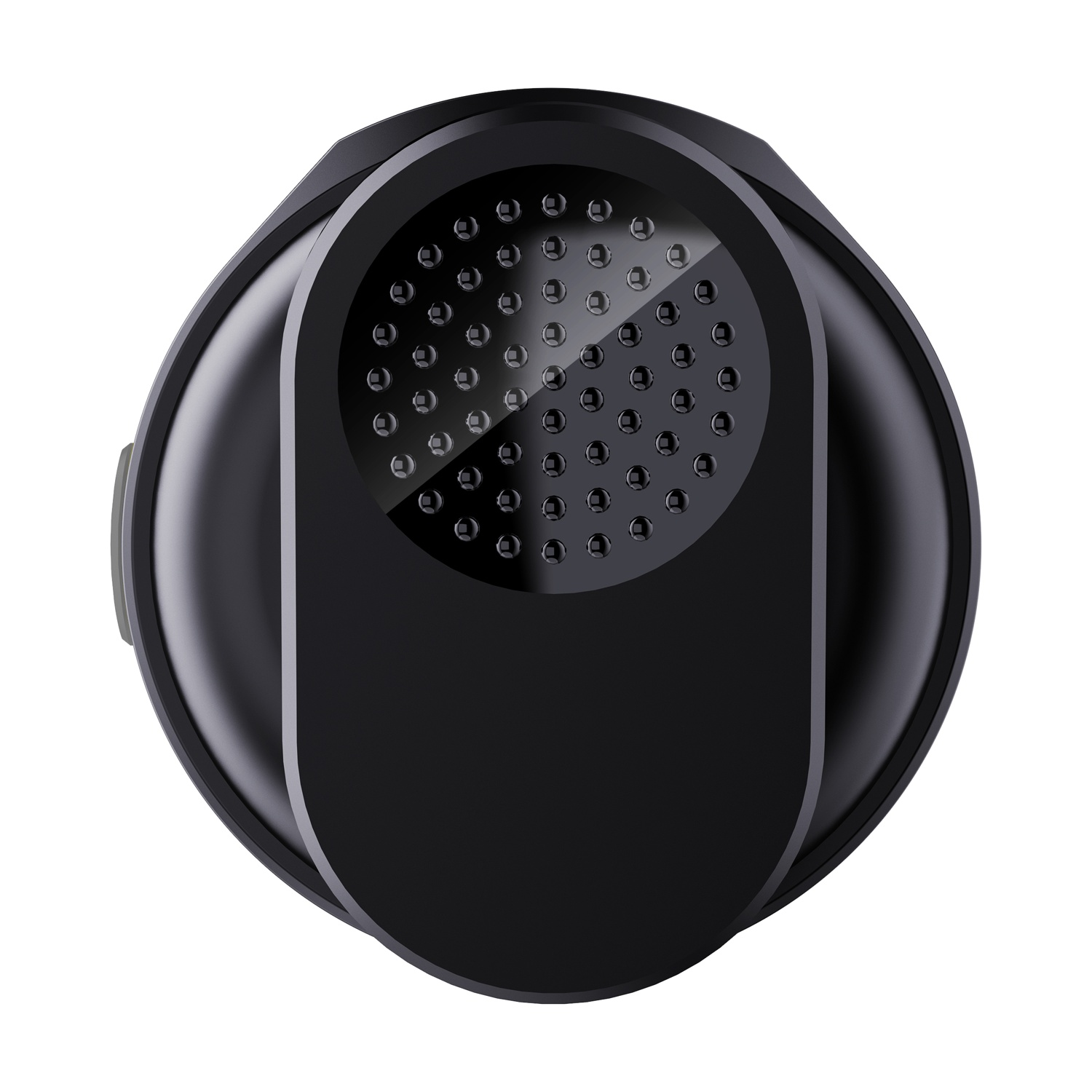 Un dispositivo nero e rotondo con un'area perforata in alto.