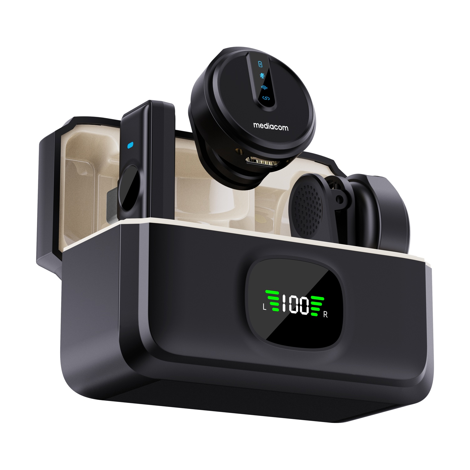 Custodia nera Mediacom per auricolari con display digitale che mostra 100% di batteria.