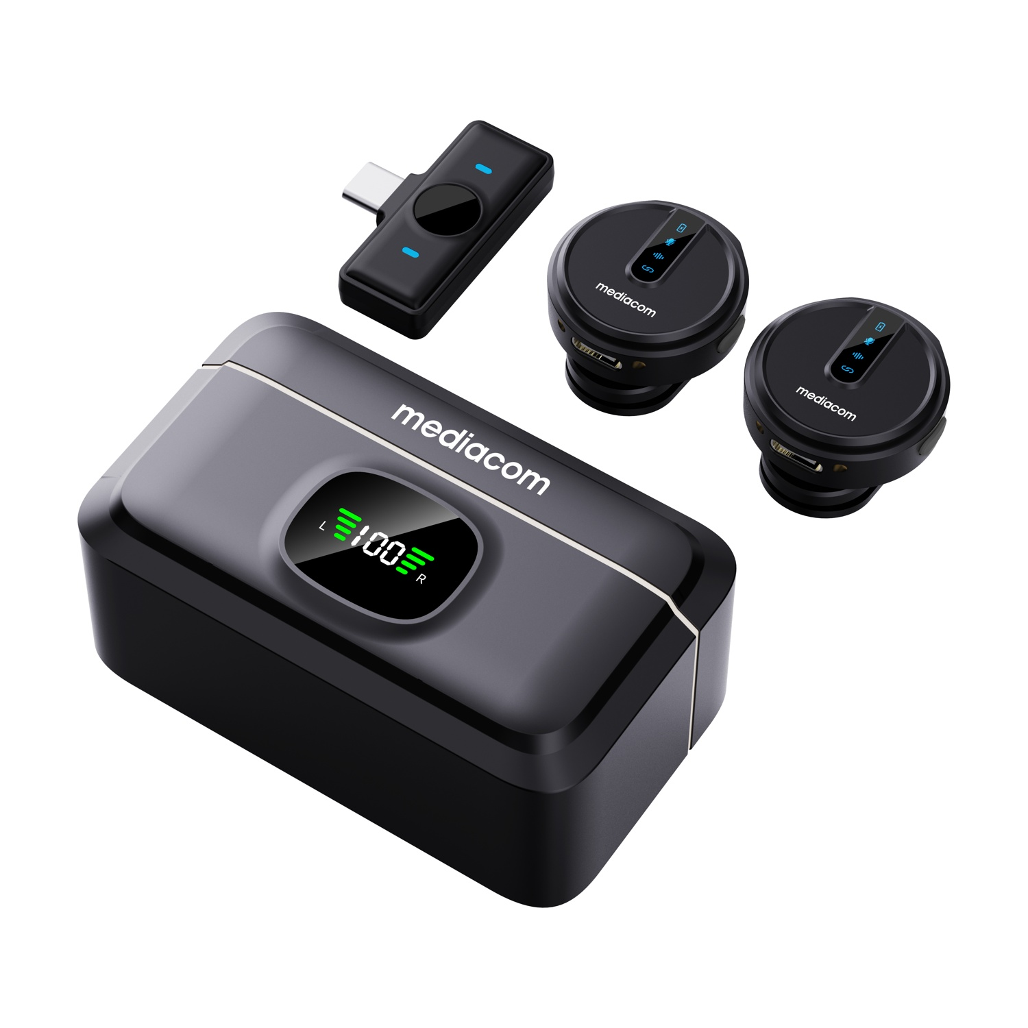 Un set di microfoni wireless Mediacom neri con custodia di ricarica, trasmettitore USB-C e due microfoni.