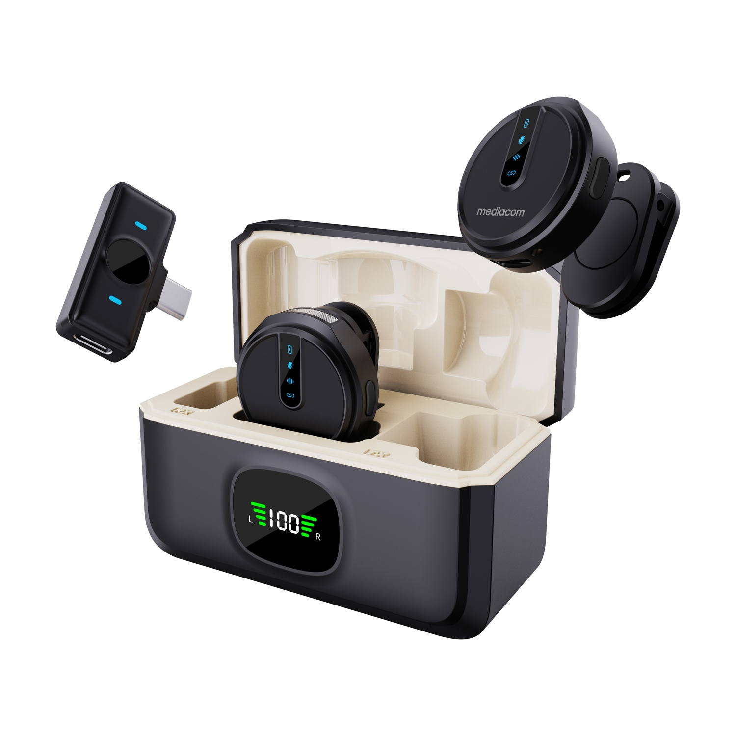 Custodia di ricarica nera con auricolari e trasmettitore USB-C su sfondo bianco.