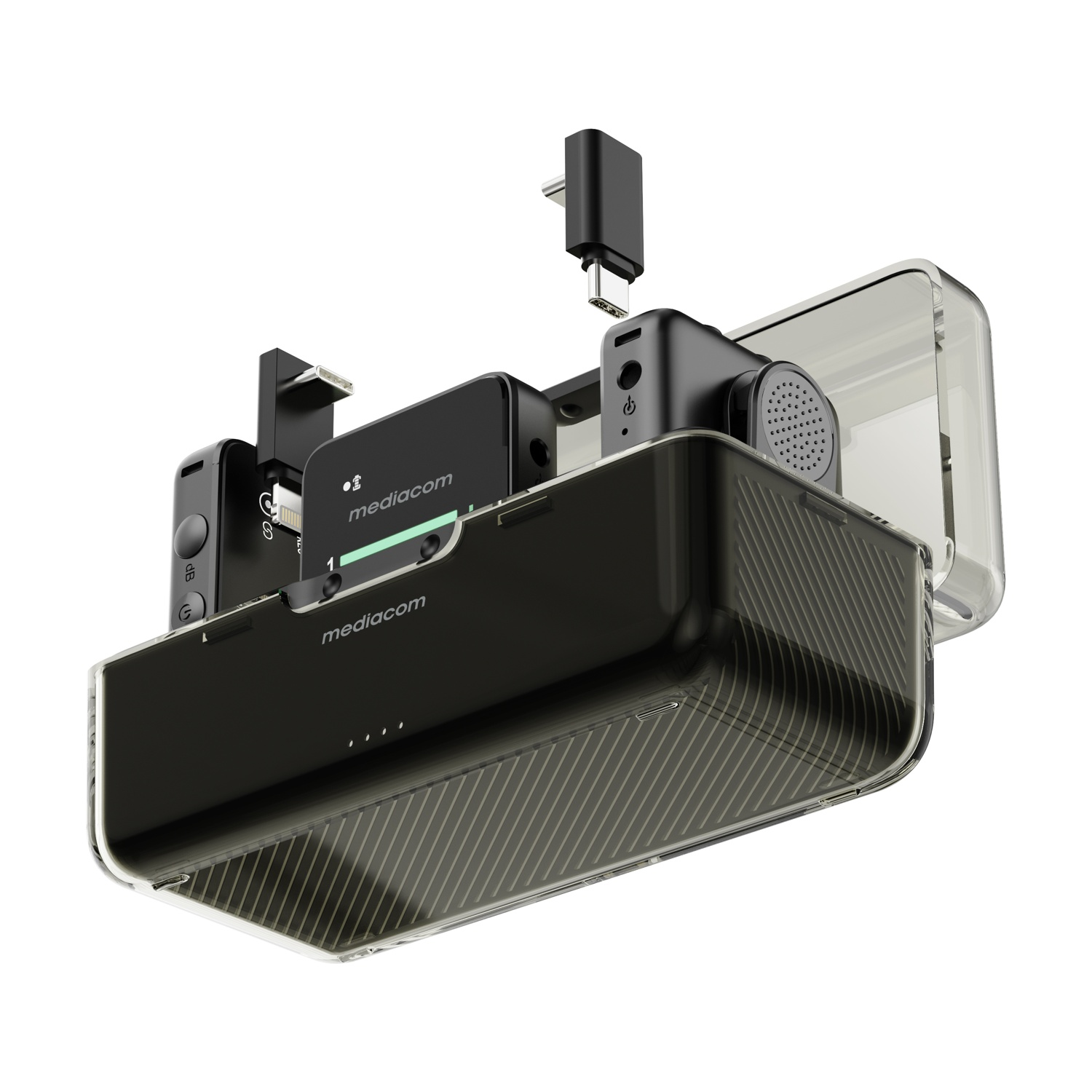 Dispositivo Mediacom nero con adattatore USB-C, altoparlante e pulsante di accensione.