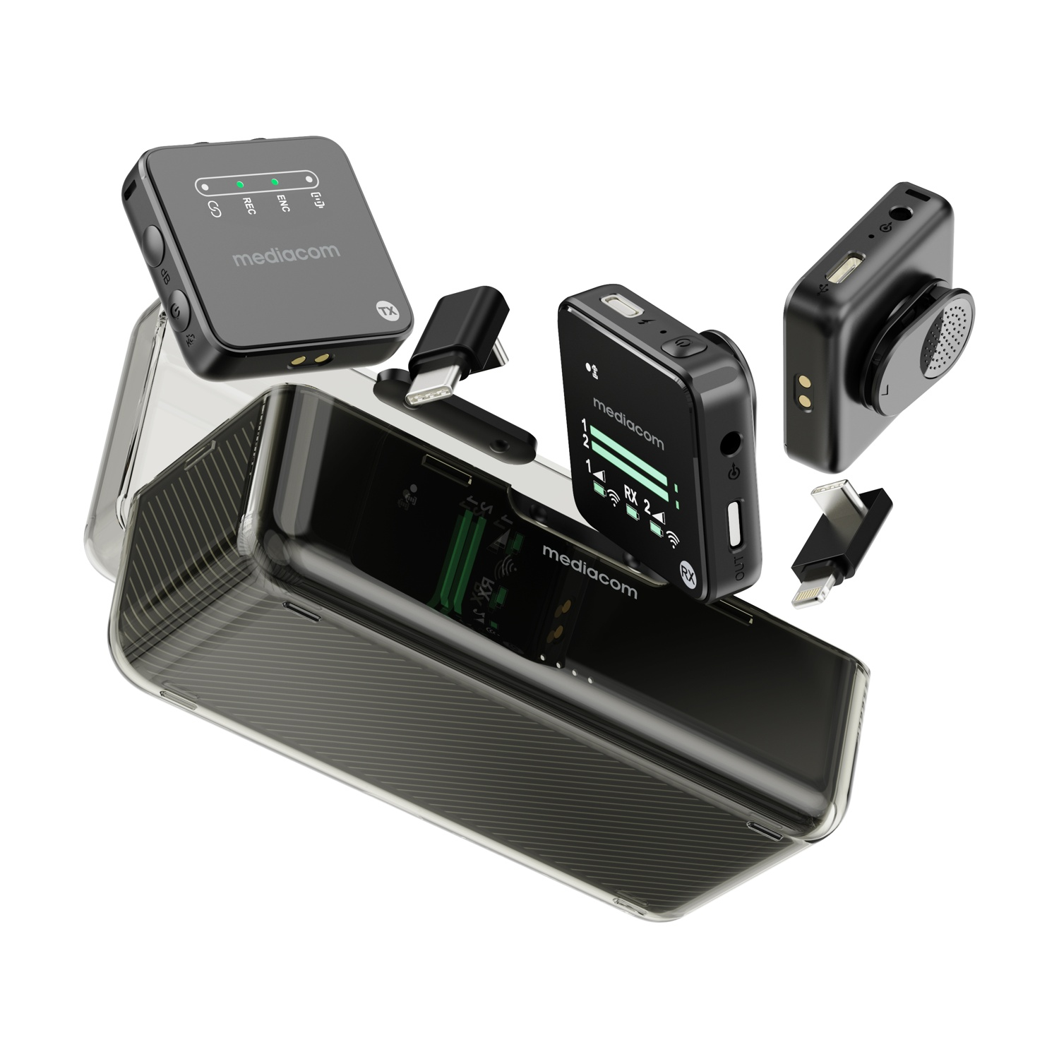 Tre microfoni Mediacom neri con accessori e custodia di ricarica.