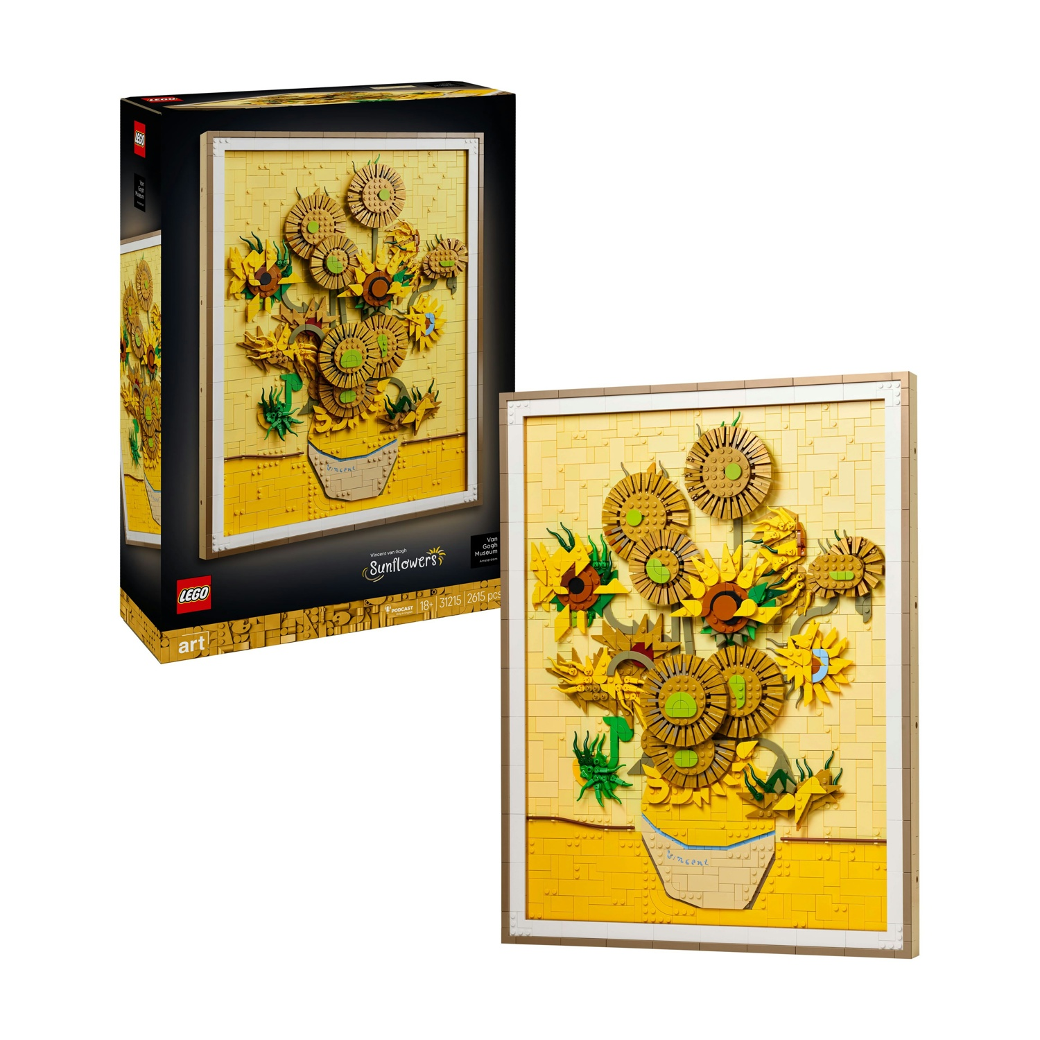 Set LEGO "Girasoli" di Van Gogh con fiori gialli e vaso.