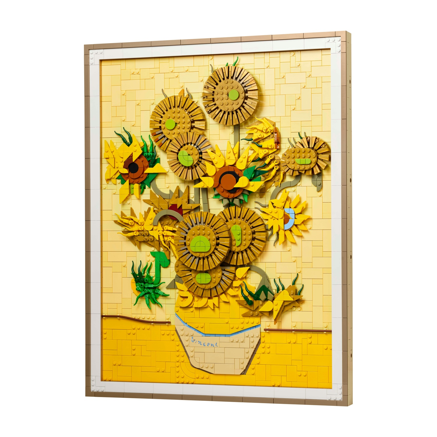 Ricostruzione Lego dei Girasoli di Van Gogh in cornice gialla.