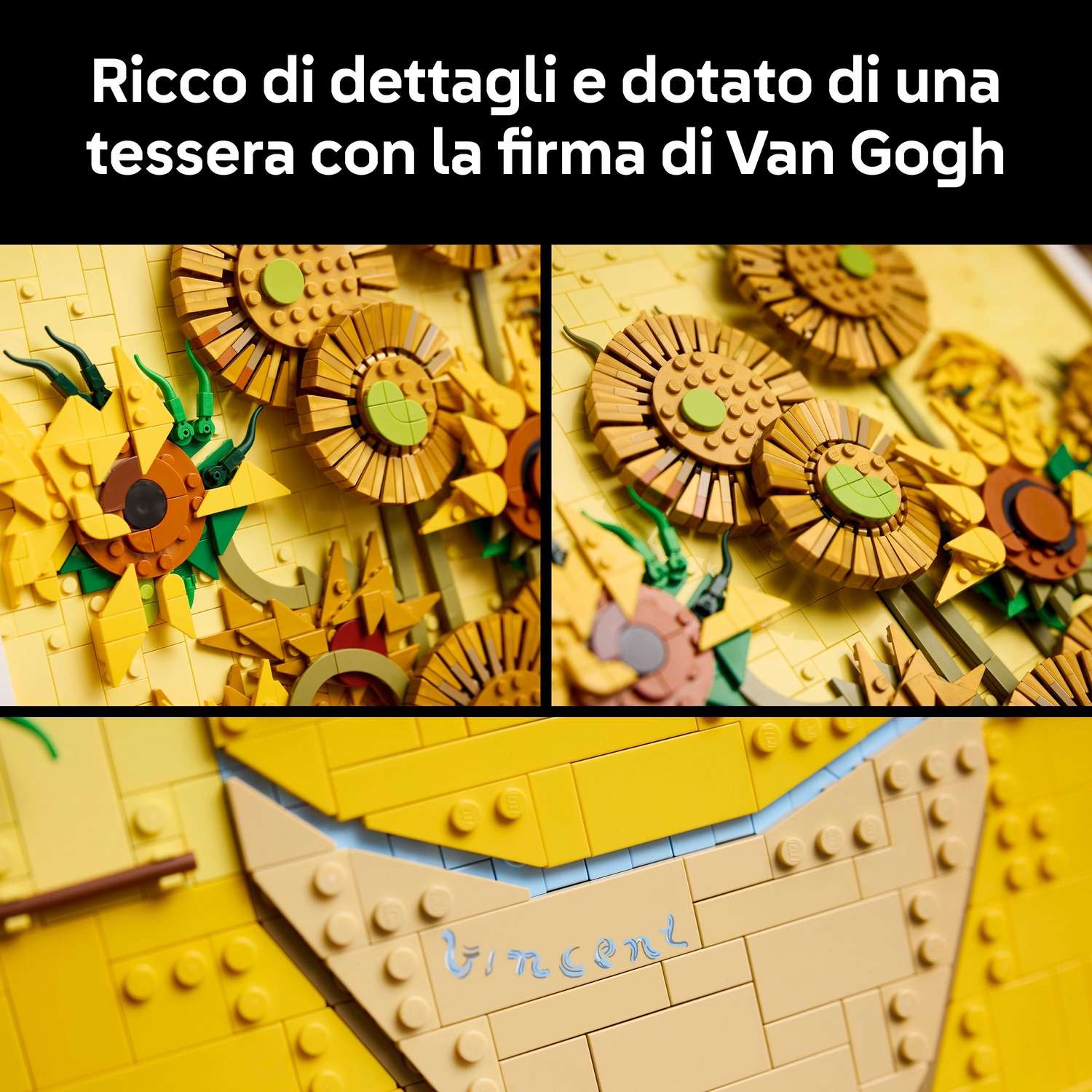 Modello di girasoli Lego con firma Van Gogh. Dettaglio ravvicinato.