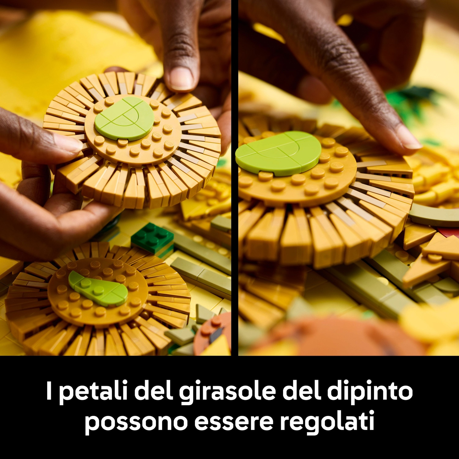 Mani assemblano un girasole giallo con mattoncini Lego, i petali sono regolabili.