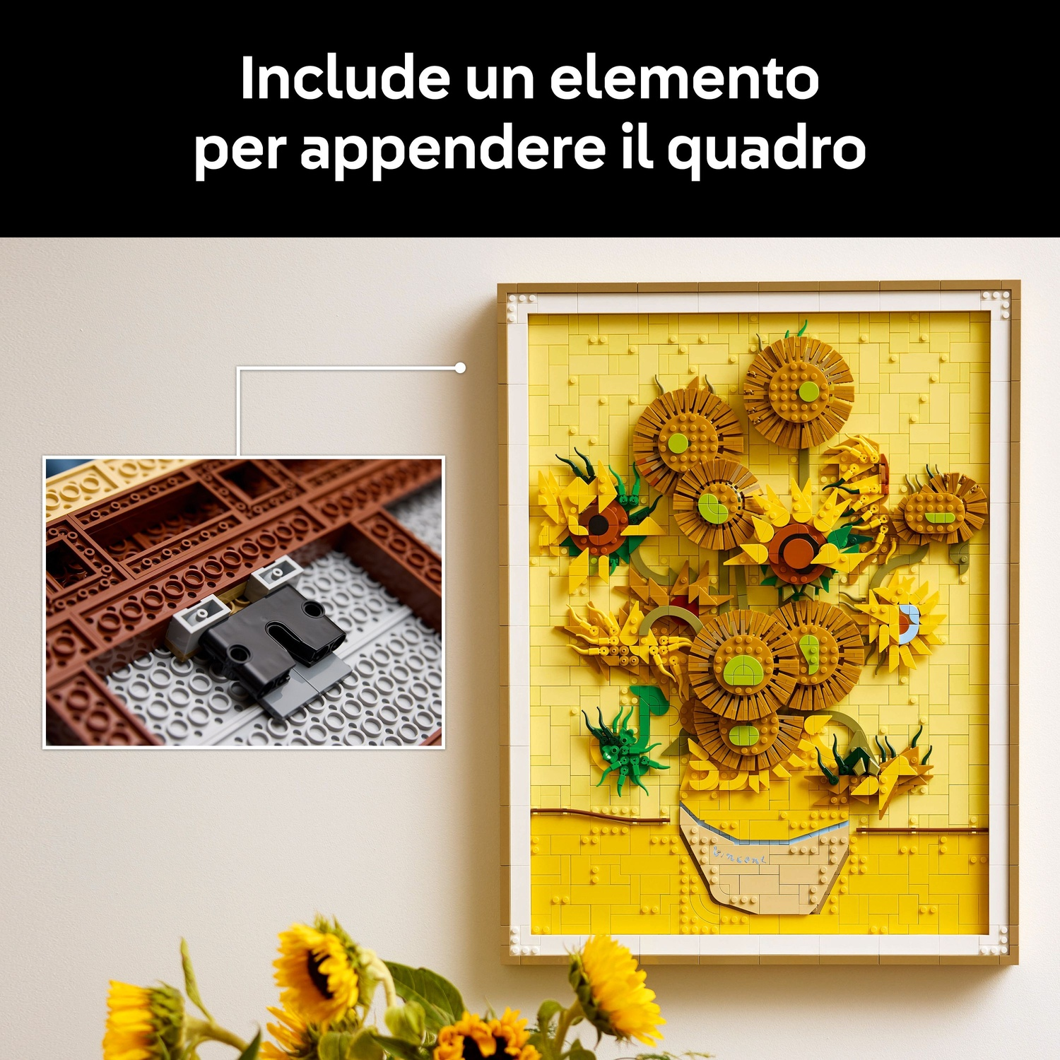 Ricostruzione LEGO dei Girasoli di Van Gogh, con dettaglio assemblaggio mattoncini.