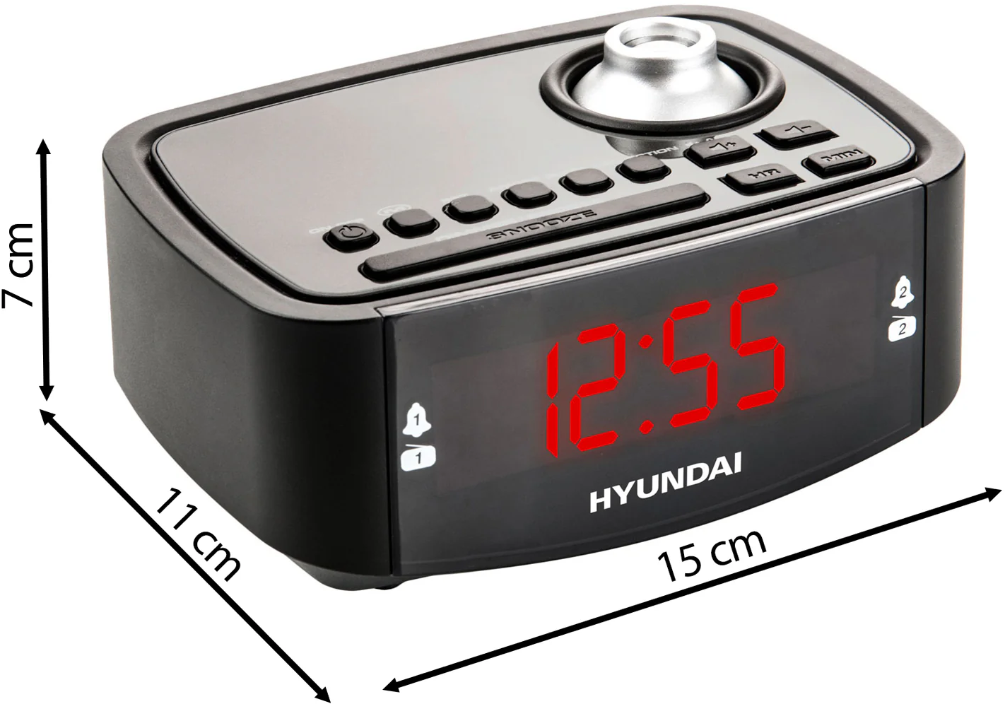Fekete Hyundai digitális ébresztőóra piros számokkal, 12:55.
