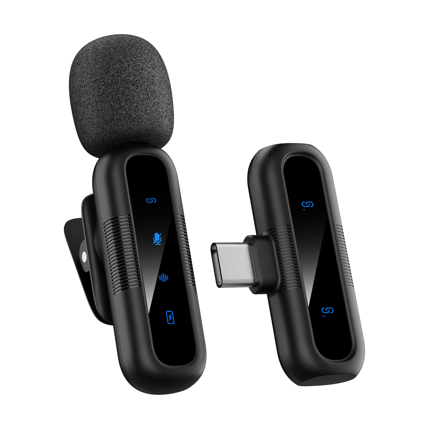 Due microfoni wireless neri con connettore USB-C e indicatori blu su sfondo bianco.