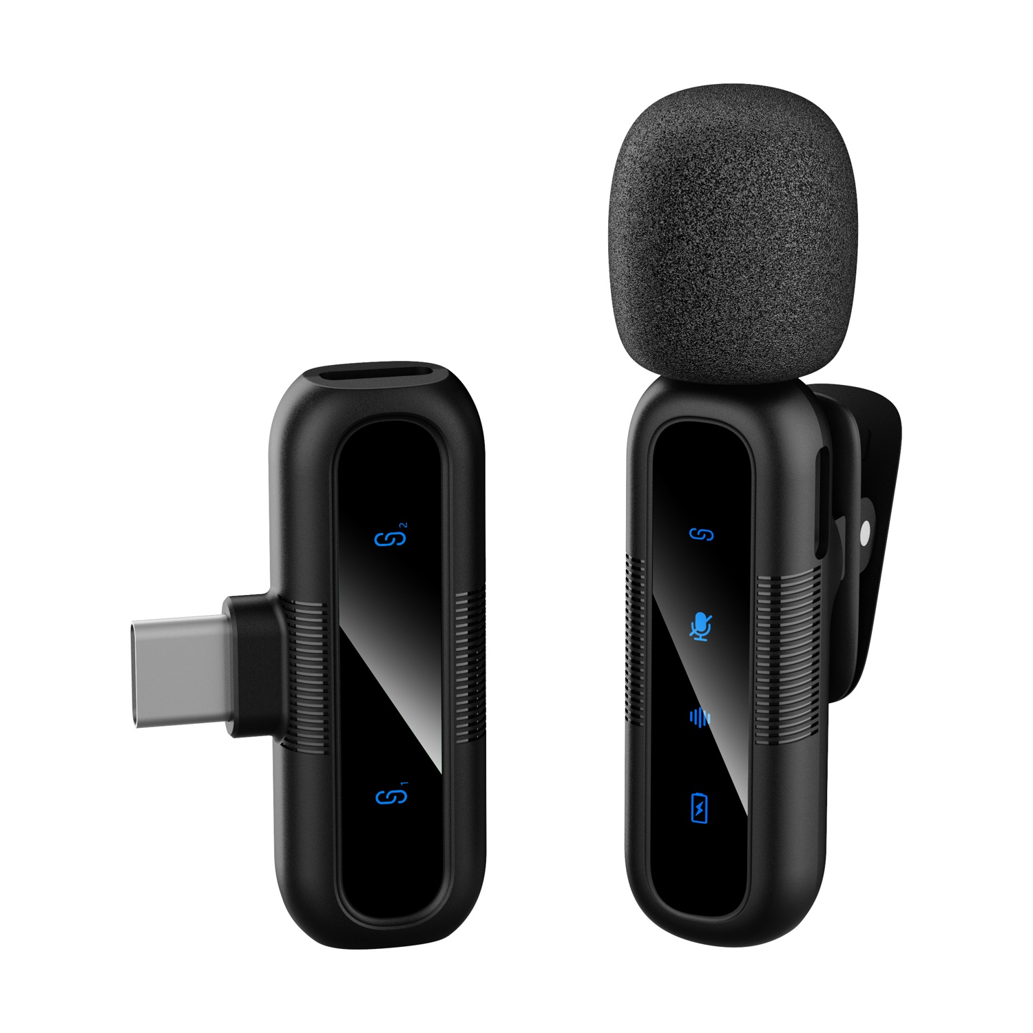 Due microfoni wireless neri con connettore USB-C e indicatori LED.