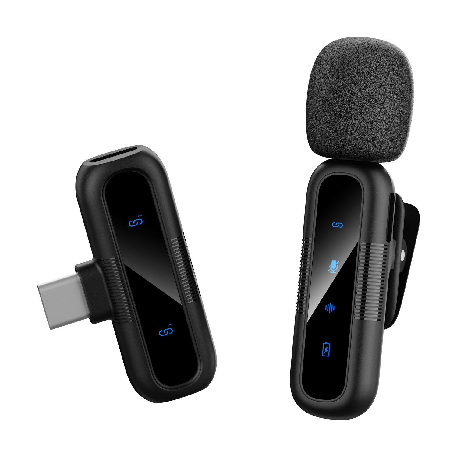 Due microfoni a clip neri con connettore USB-C e copri-schiuma, su sfondo bianco.