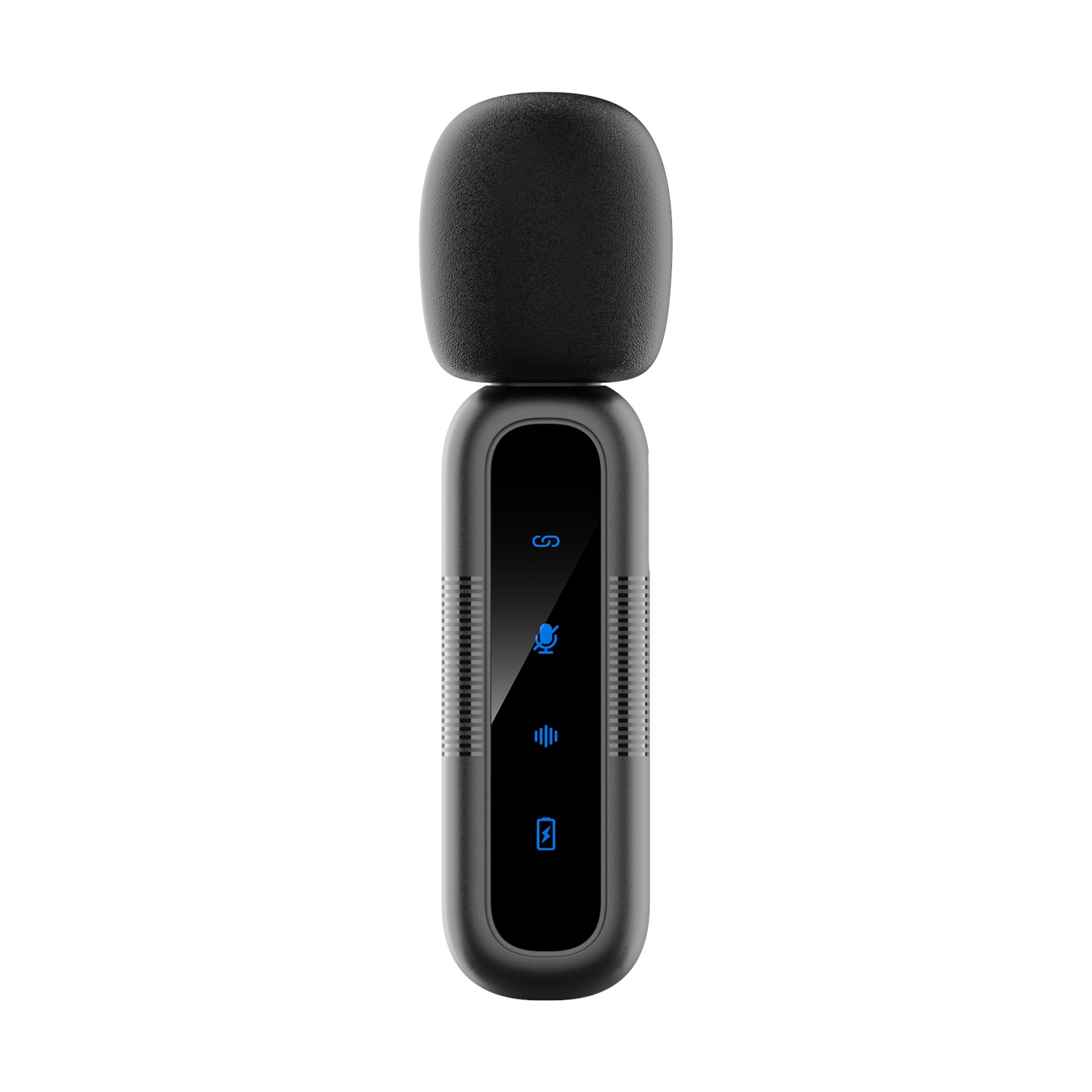 Un microfono nero con icone blu: S, microfono, onde sonore e batteria.