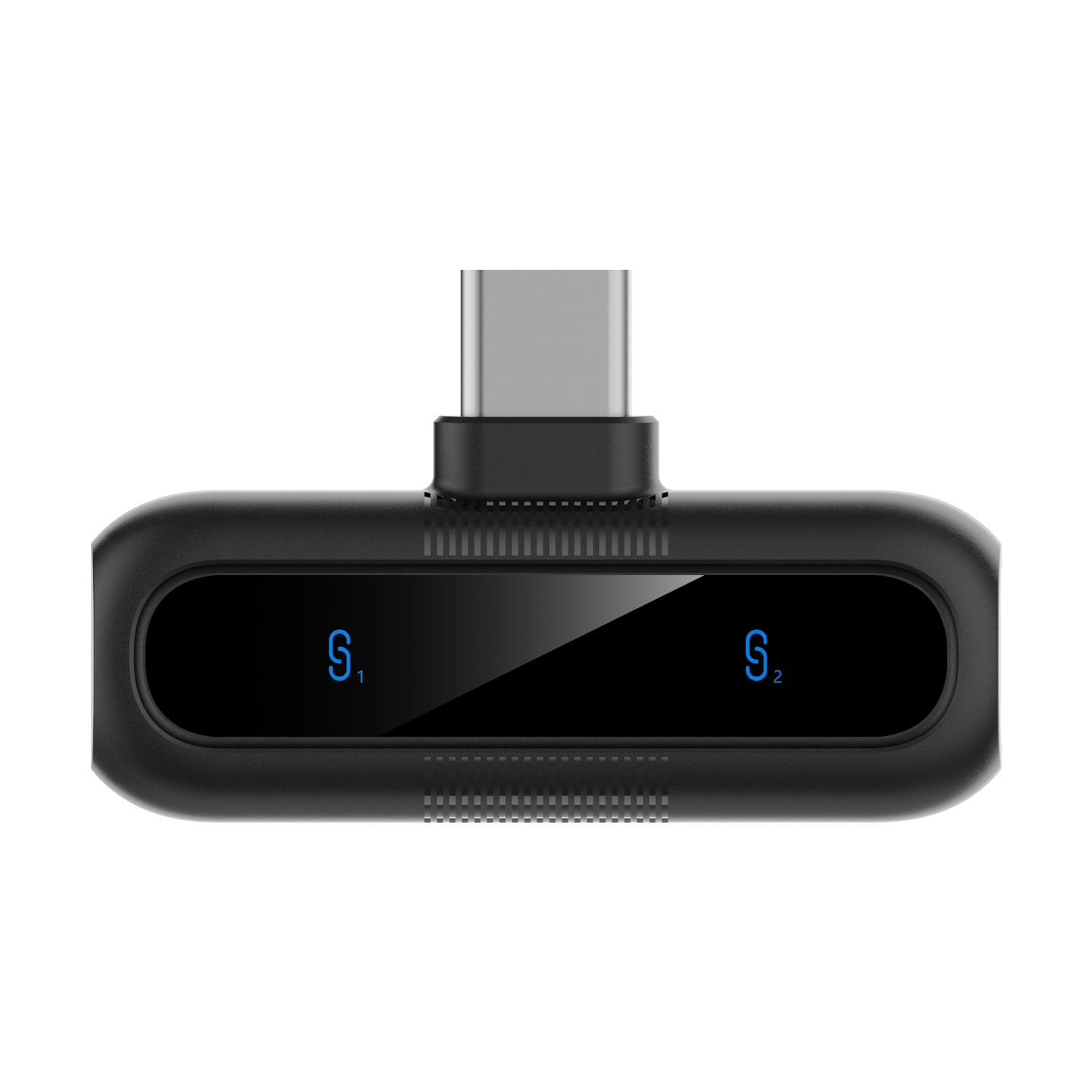 Un adattatore USB-C nero con indicatori S1 e S2 e un connettore argentato.