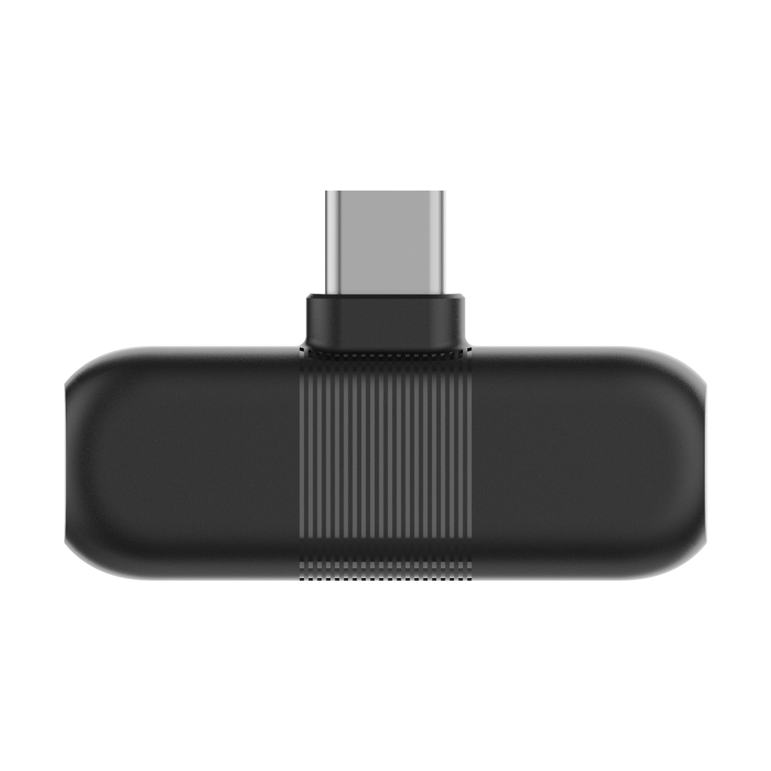 Adattatore USB-C nero con corpo scanalato e connettore argentato.
