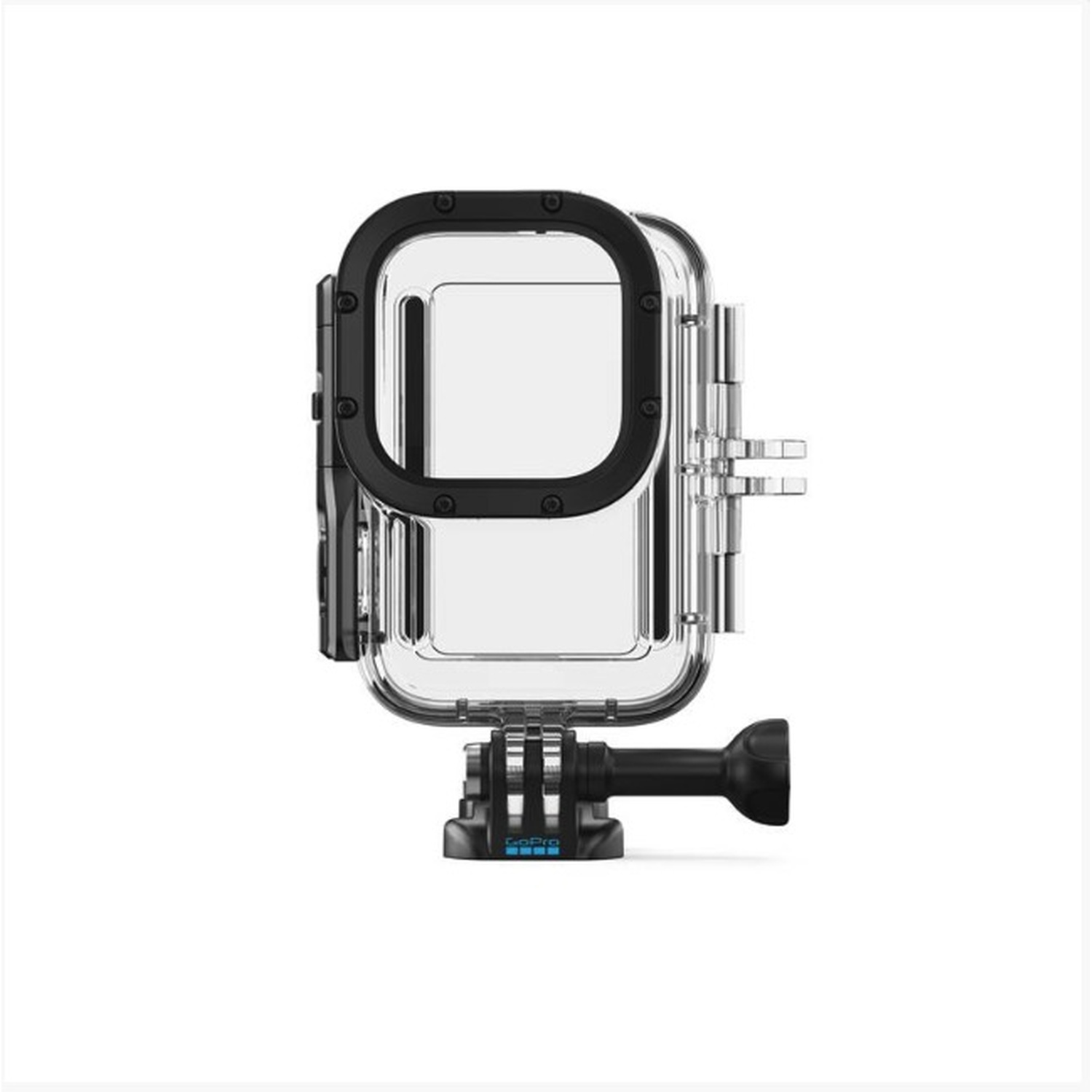 Custodia GoPro impermeabile trasparente con cornice e supporto neri.
