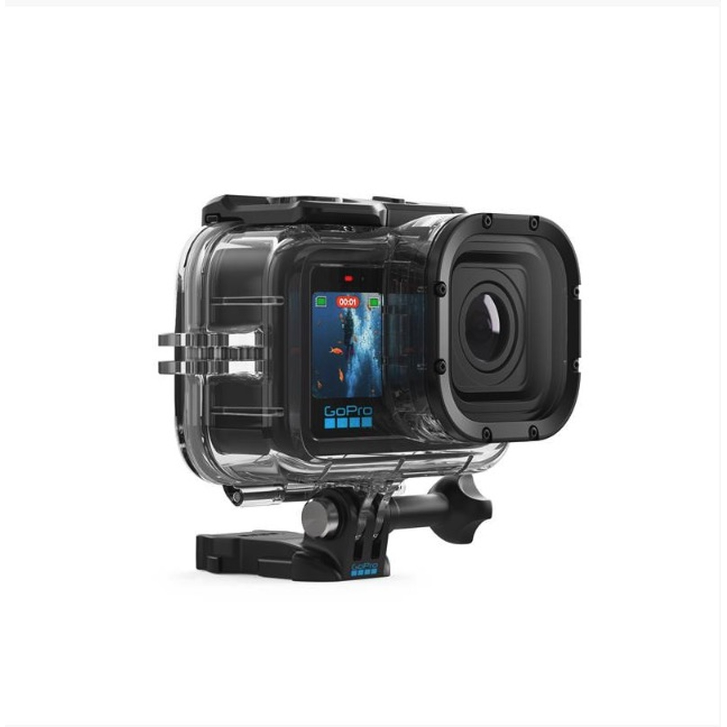 Una fotocamera GoPro nera in un alloggiamento impermeabile trasparente con schermo.