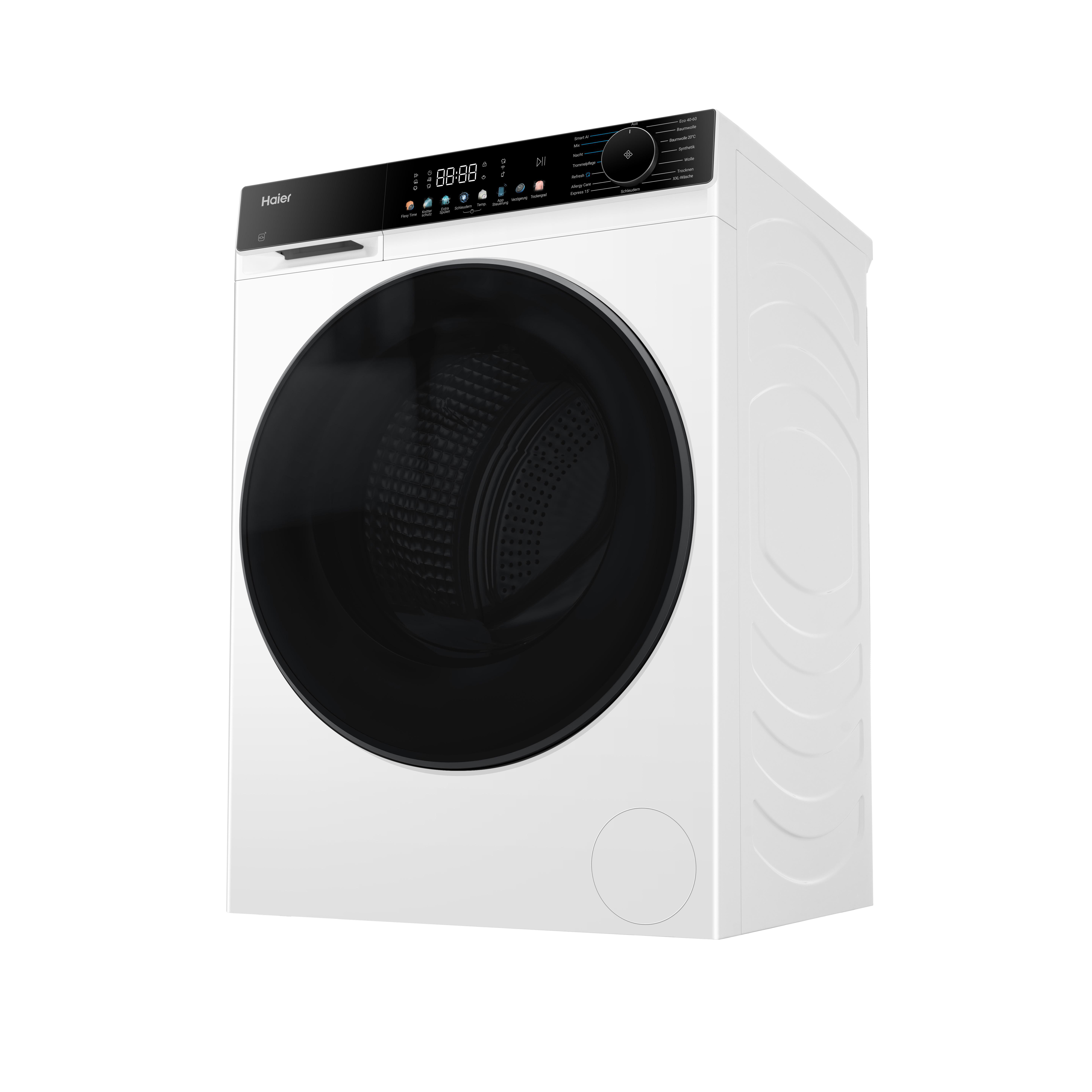 Eine weiße Haier Waschmaschine mit schwarzer Tür und digitalem Display.