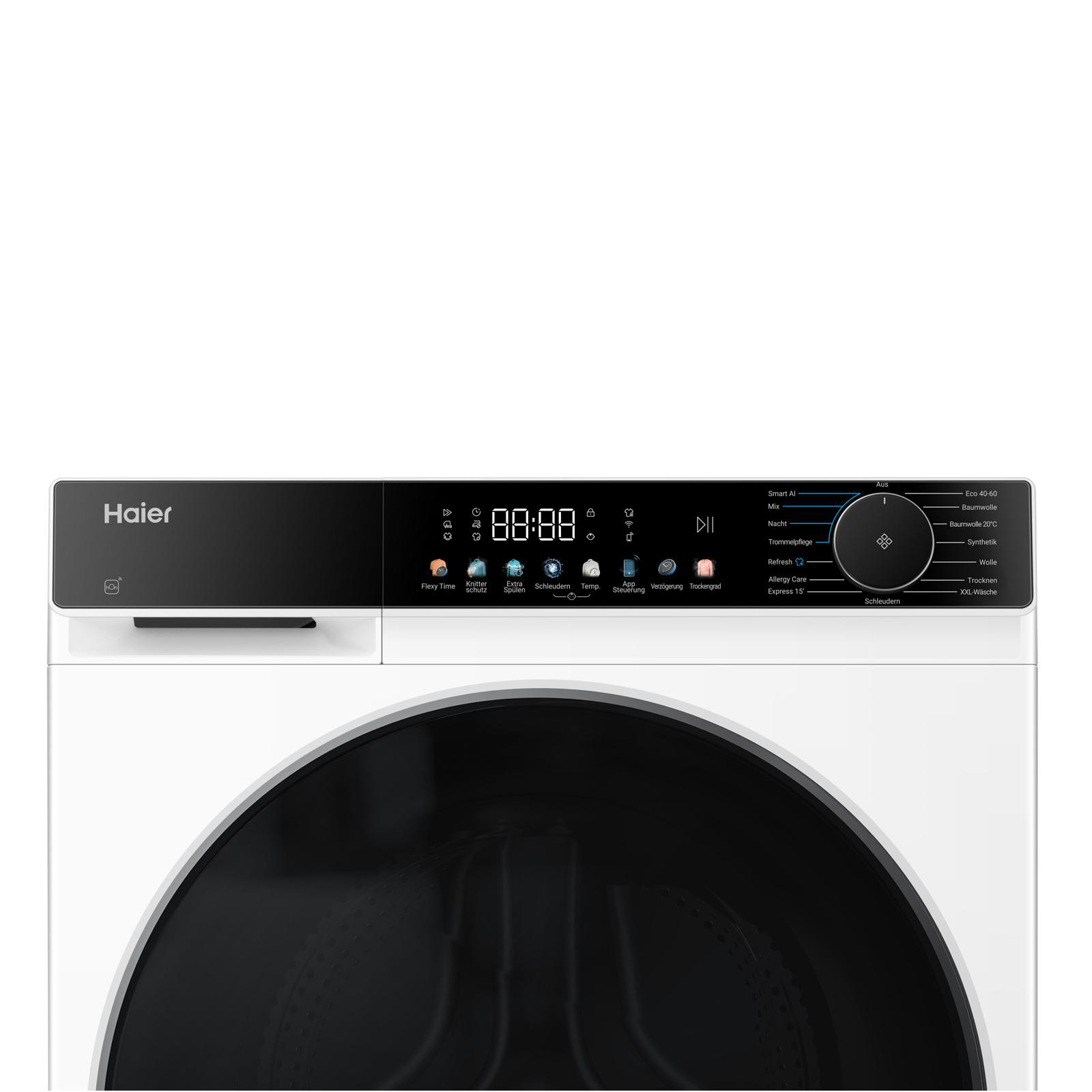 Haier Waschmaschine mit digitalem Display, Programmauswahl und schwarzer Tür.
