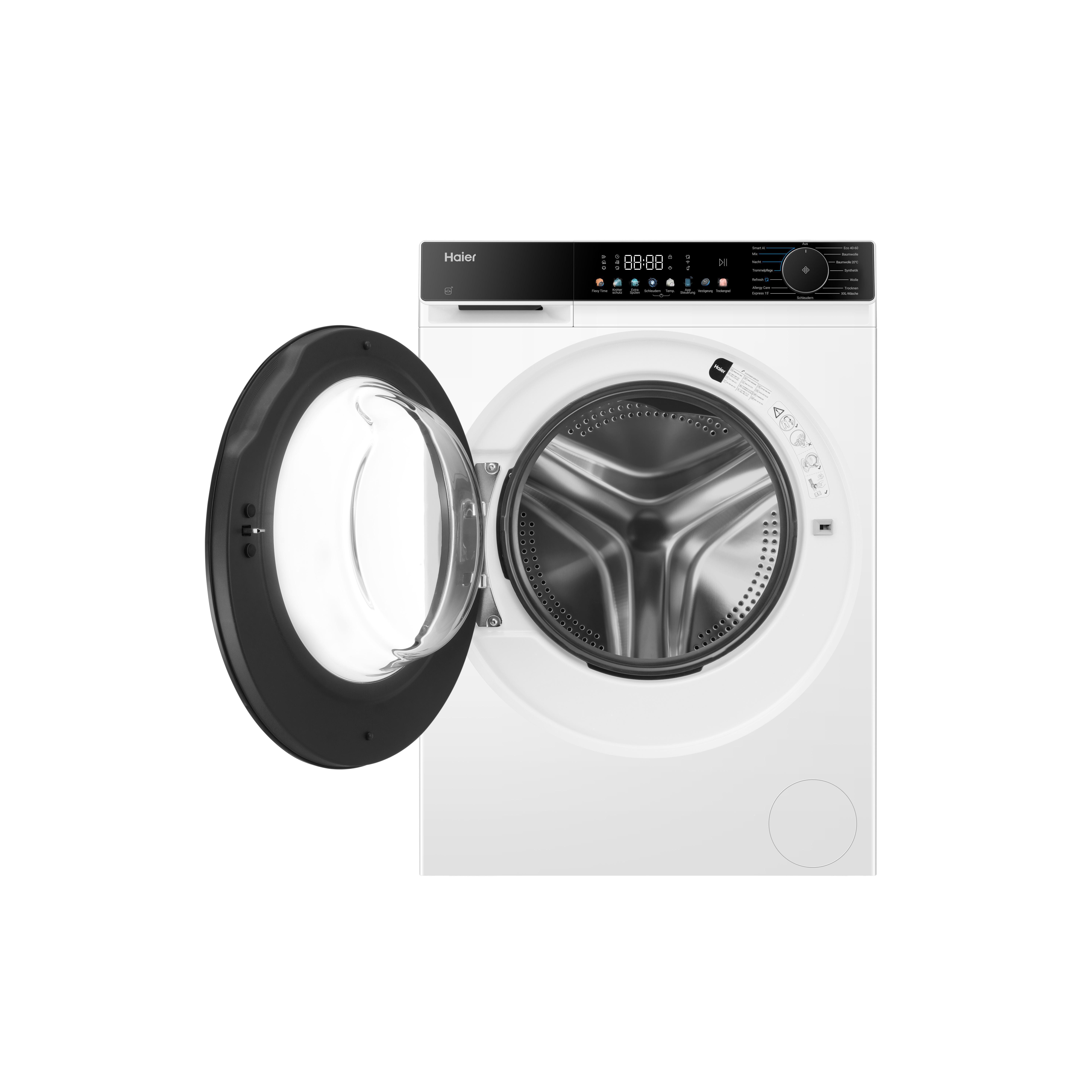 Eine weiße Haier Waschmaschine mit offener Tür und digitaler Anzeige.