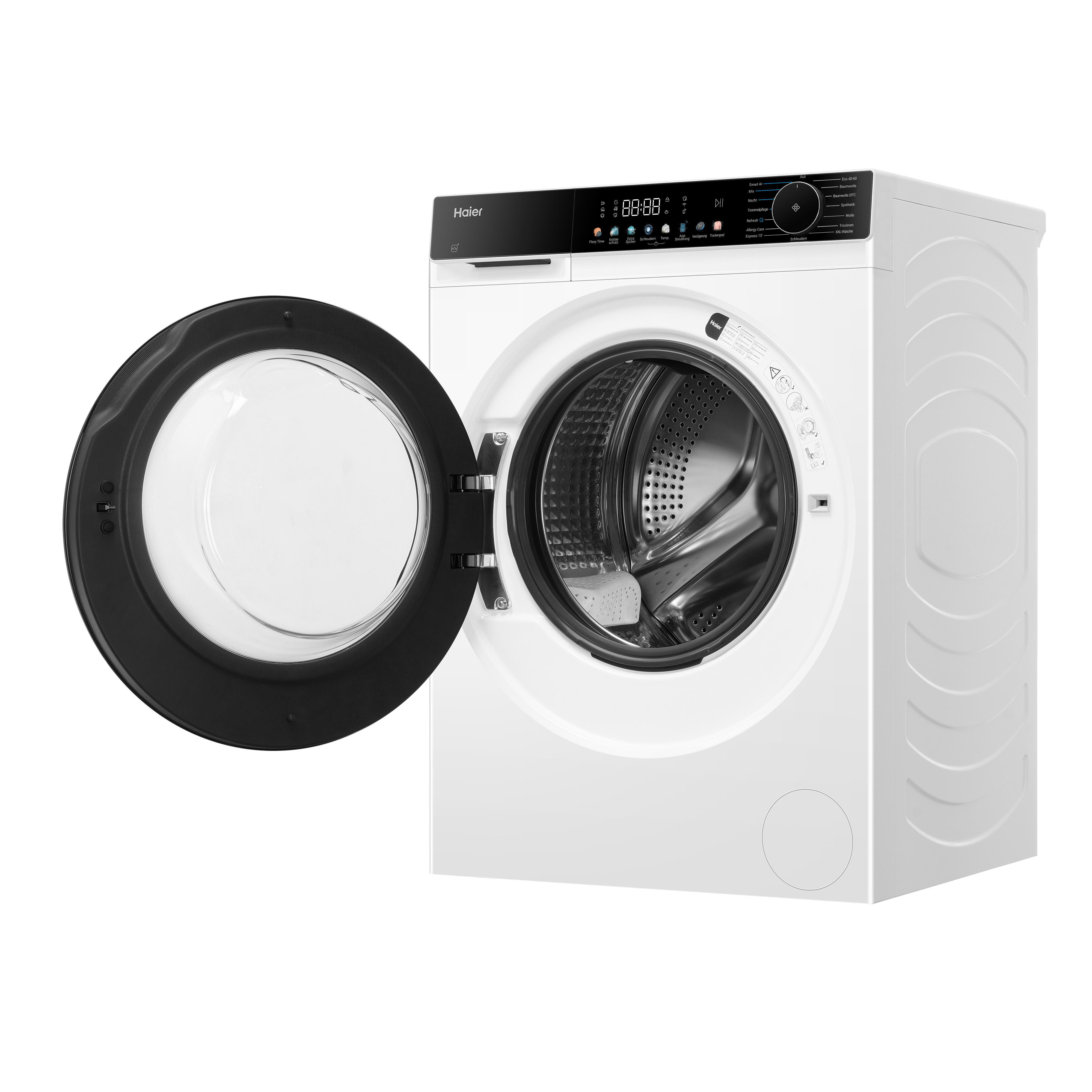 Eine weiße Haier Waschmaschine mit offener Tür und Bedienfeld.