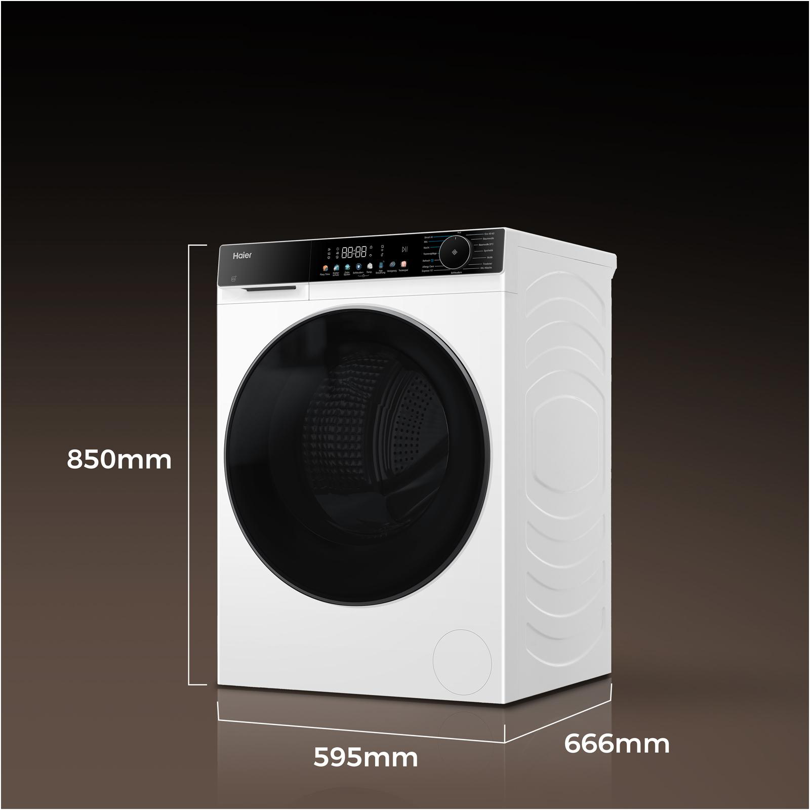 Eine weiße Haier-Waschmaschine mit schwarzer Tür und Bedienfeld. Maße sind angegeben.