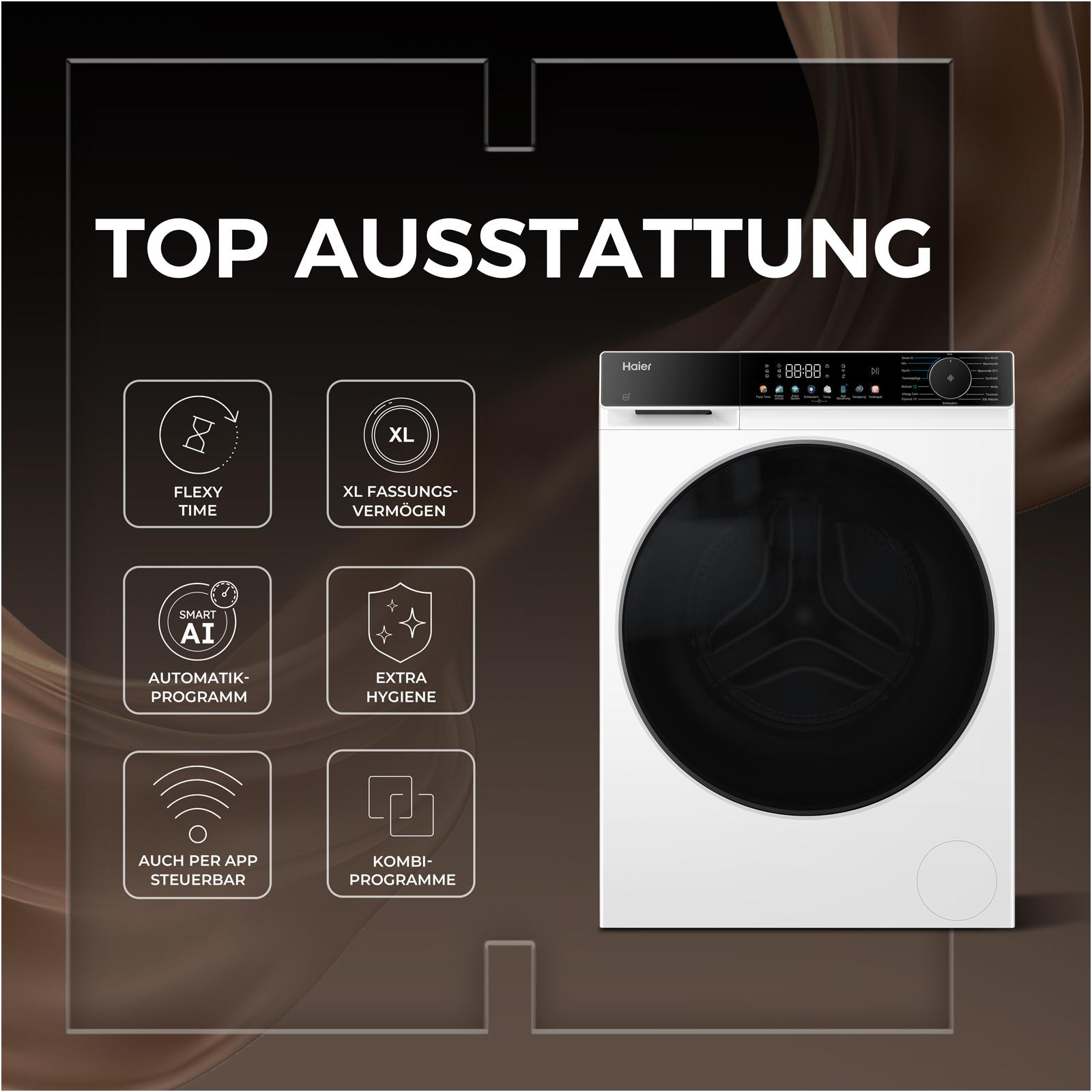 Waschmaschine mit verschiedenen Programmen: Flexy Time, XL Fassungsvermögen, AI Automatik, Extra Hygiene, App-Steuerung.