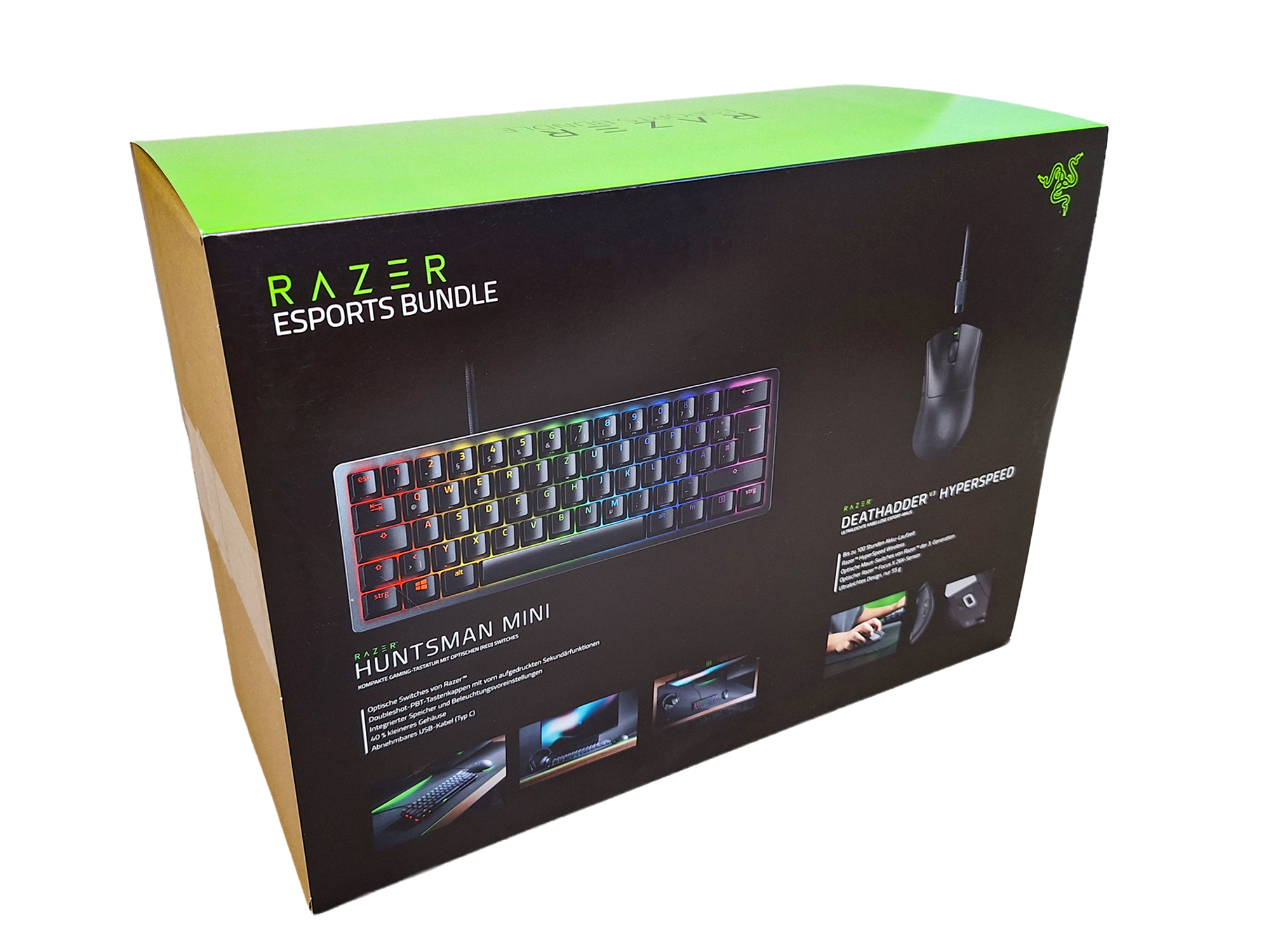 Razer Esports Bundle-Verpackung mit Tastatur und Maus, schwarz mit grünen Akzenten.
