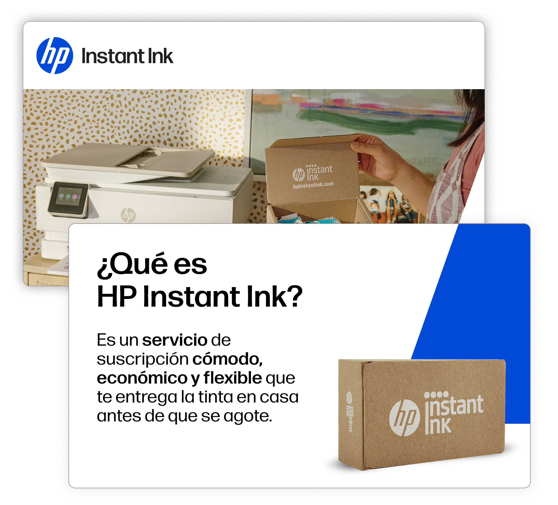 Impresora y caja HP Instant Ink. Texto en español explica el servicio.