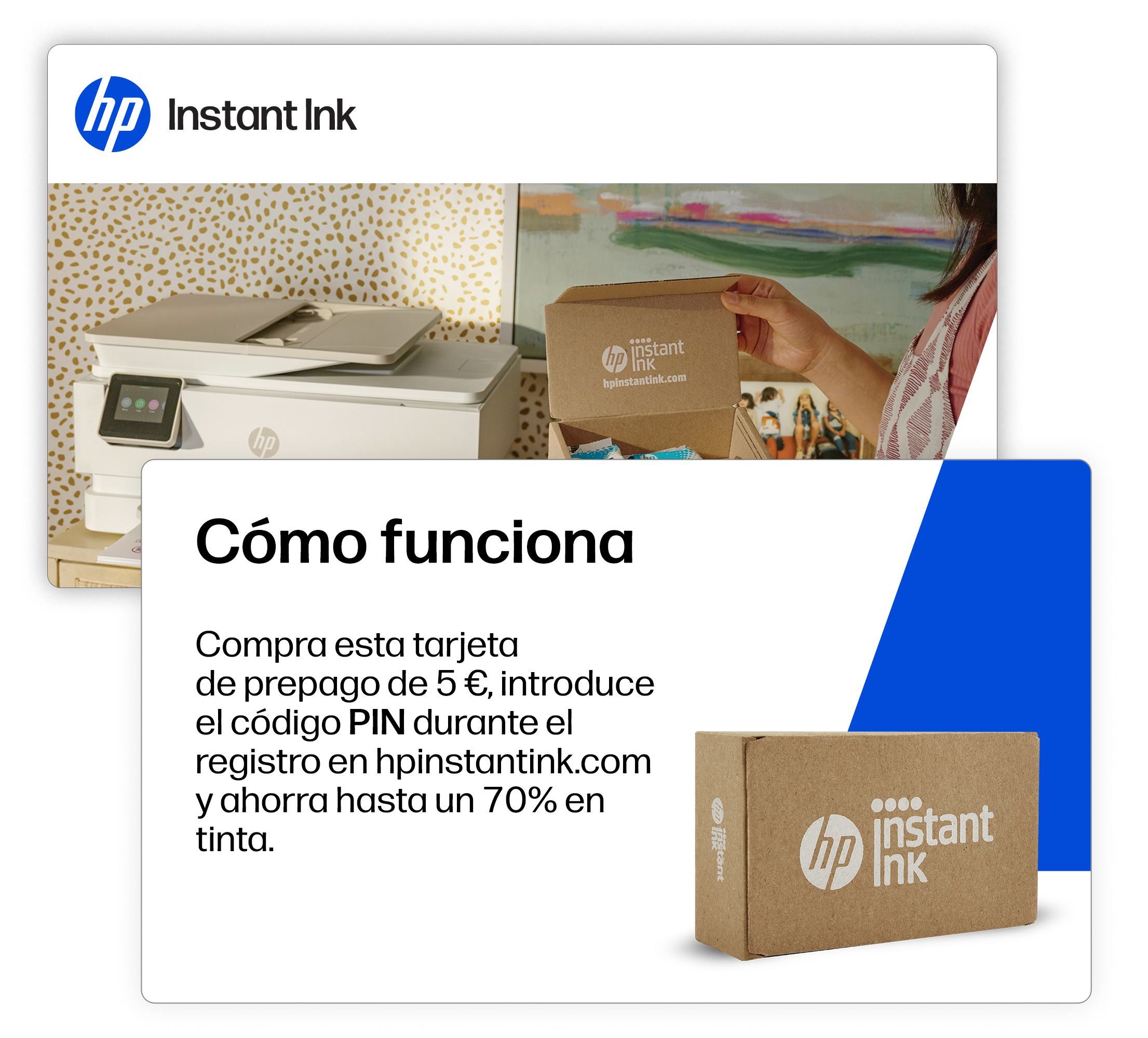 Empaque HP Instant Ink junto a una impresora. El texto explica cómo funciona.