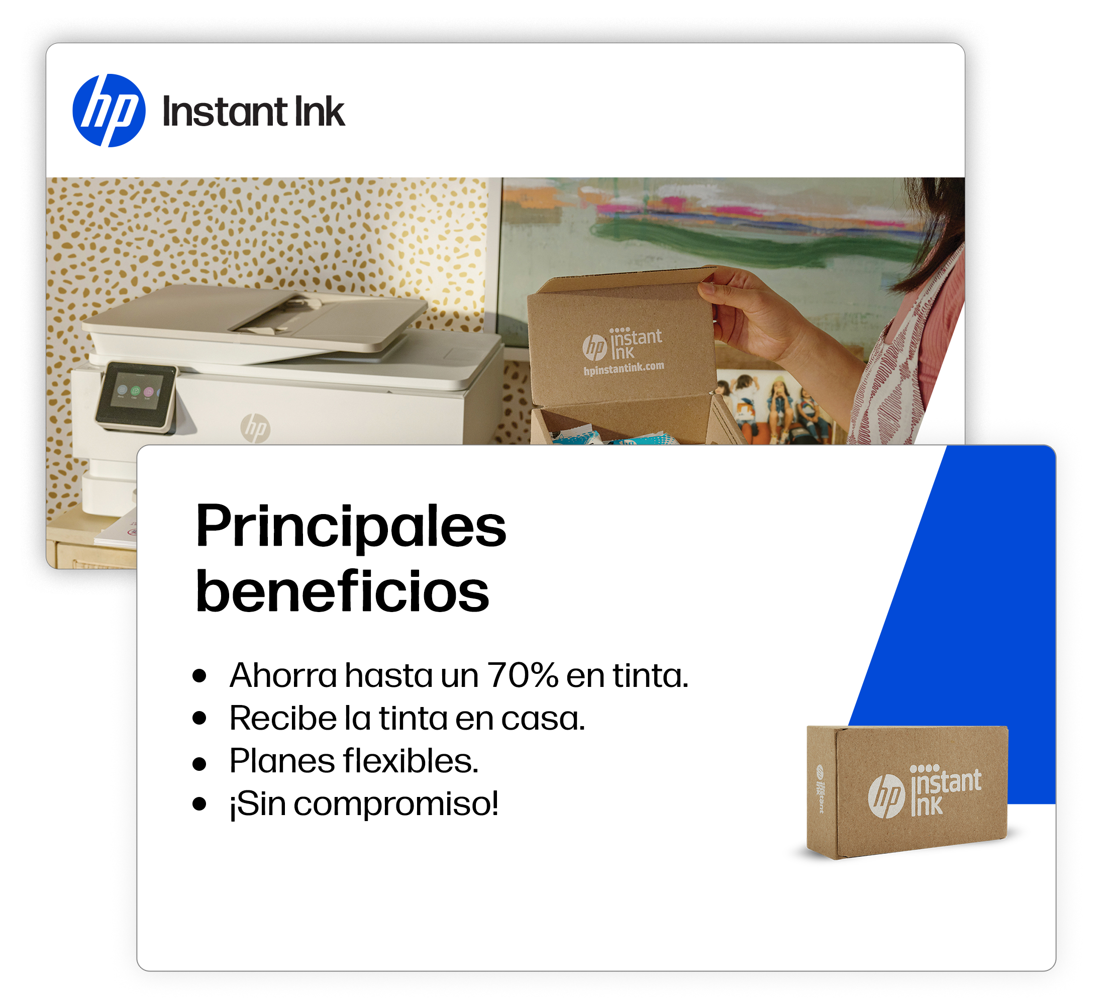 HP Instant Ink: Impresora, paquete y beneficios listados.