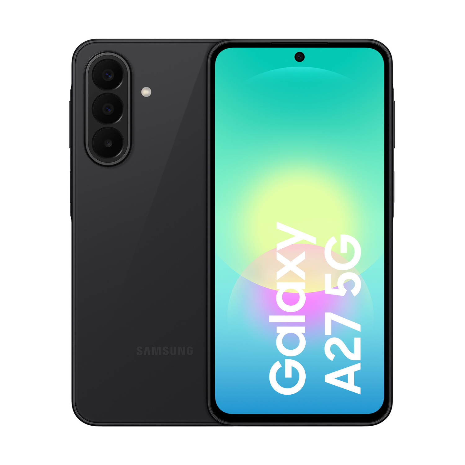 Smartphone Samsung Galaxy A27 5G nero con tripla fotocamera e schermo luminoso.