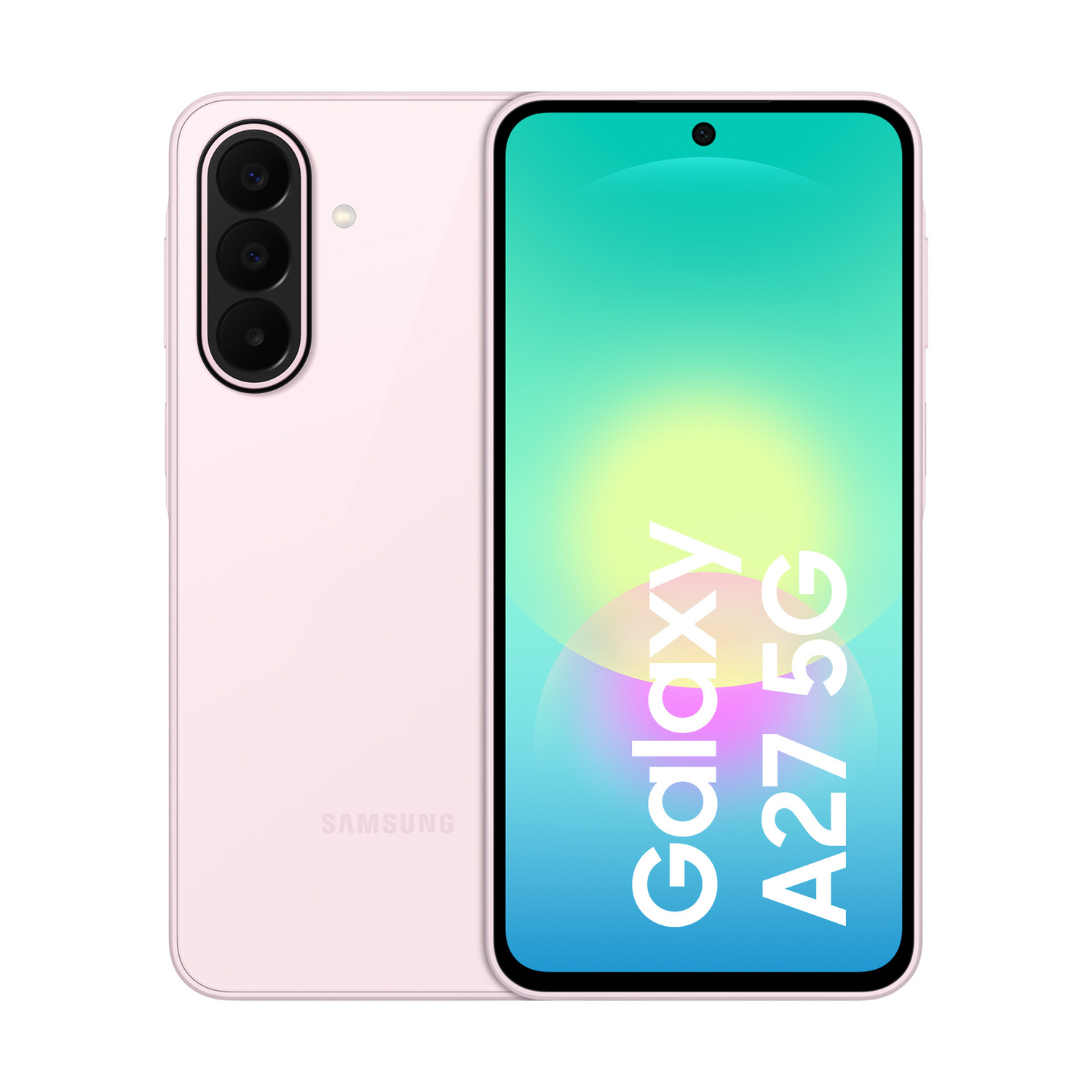Uno smartphone Samsung Galaxy A27 5G rosa con modulo tripla fotocamera.